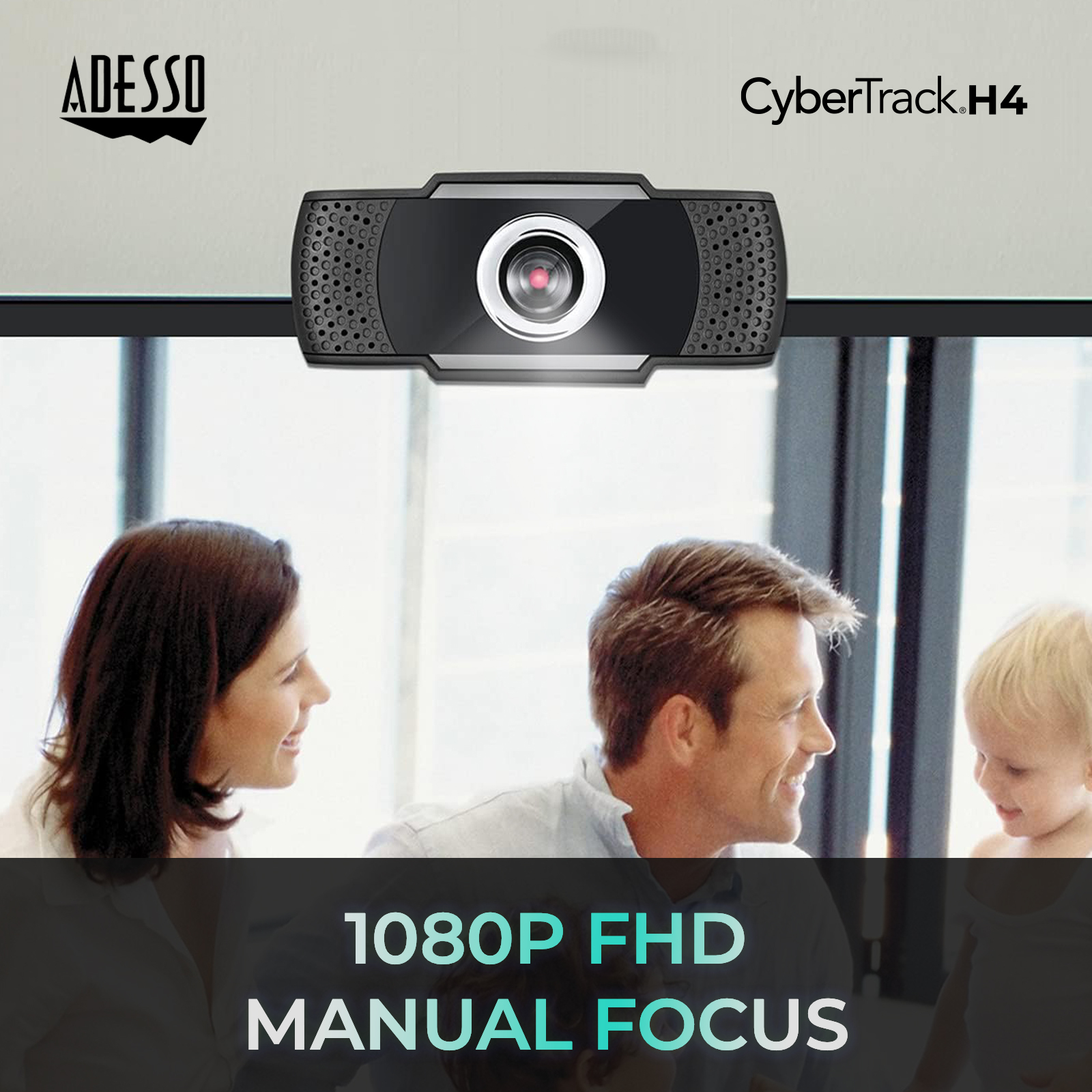 Une webcam au-dessus d'une famille : une femme, un homme et un enfant. Le texte indique '1080P FHD MANUAL FOCUS'.