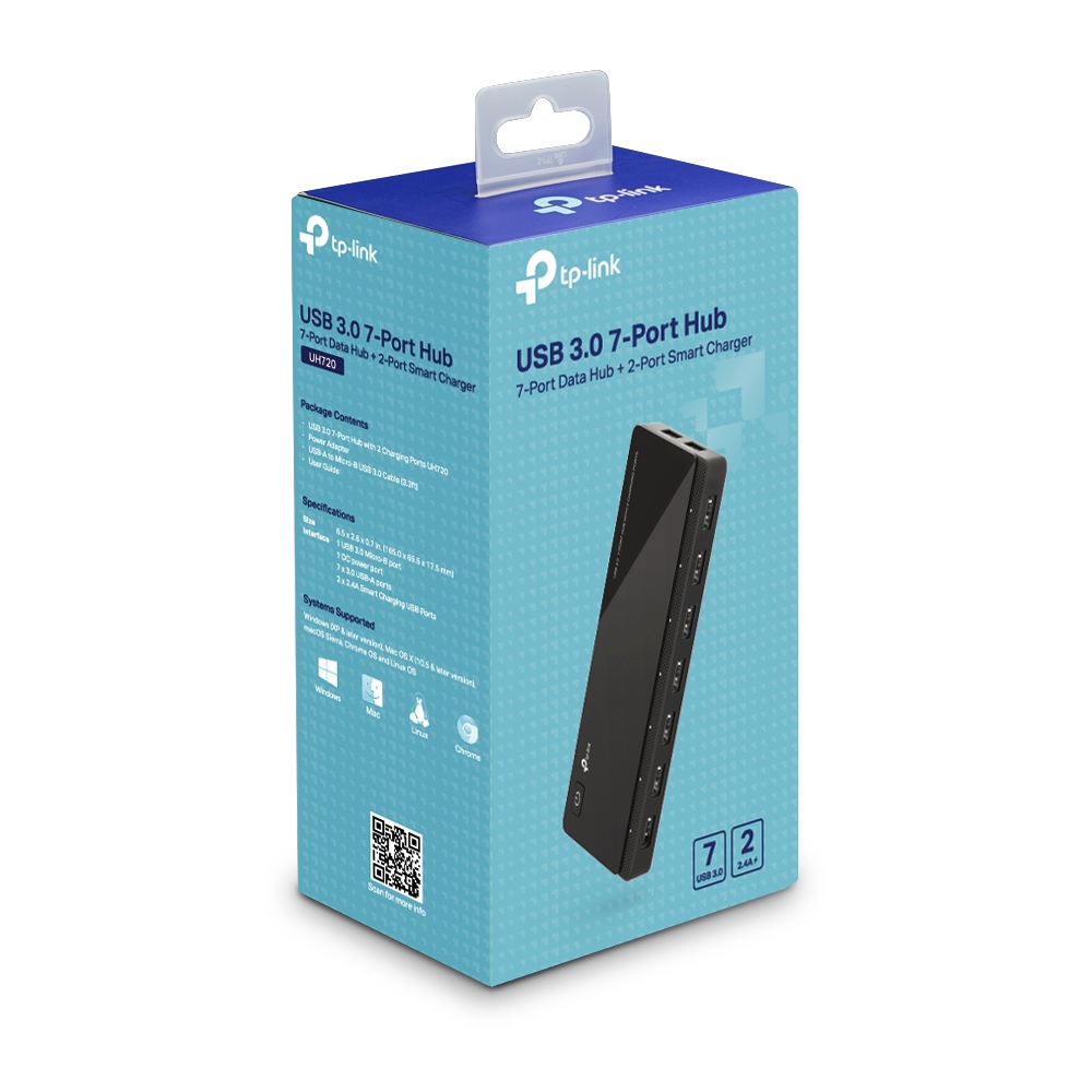 Schachtel für einen 7-Port-USB-Hub mit Ladeanschlüssen. Zeigt den Hub und Details zum Packungsinhalt.