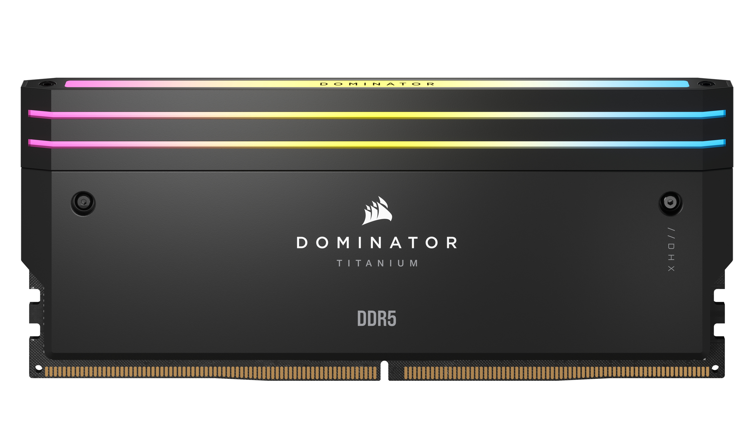 Czarny moduł RAM z podświetleniem RGB. Tekst Dominator Titanium DDR5.
