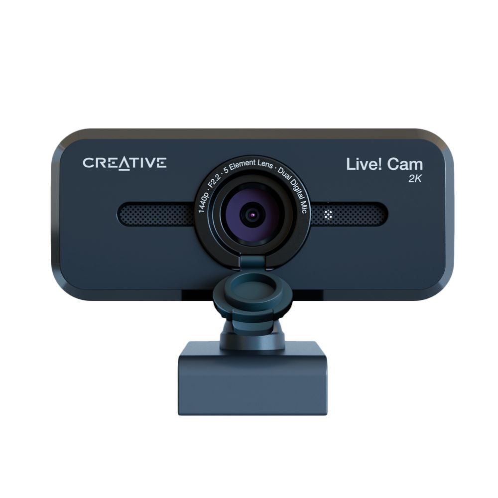 Una webcam Creative Live! Cam 2K nera, con lente e base.
