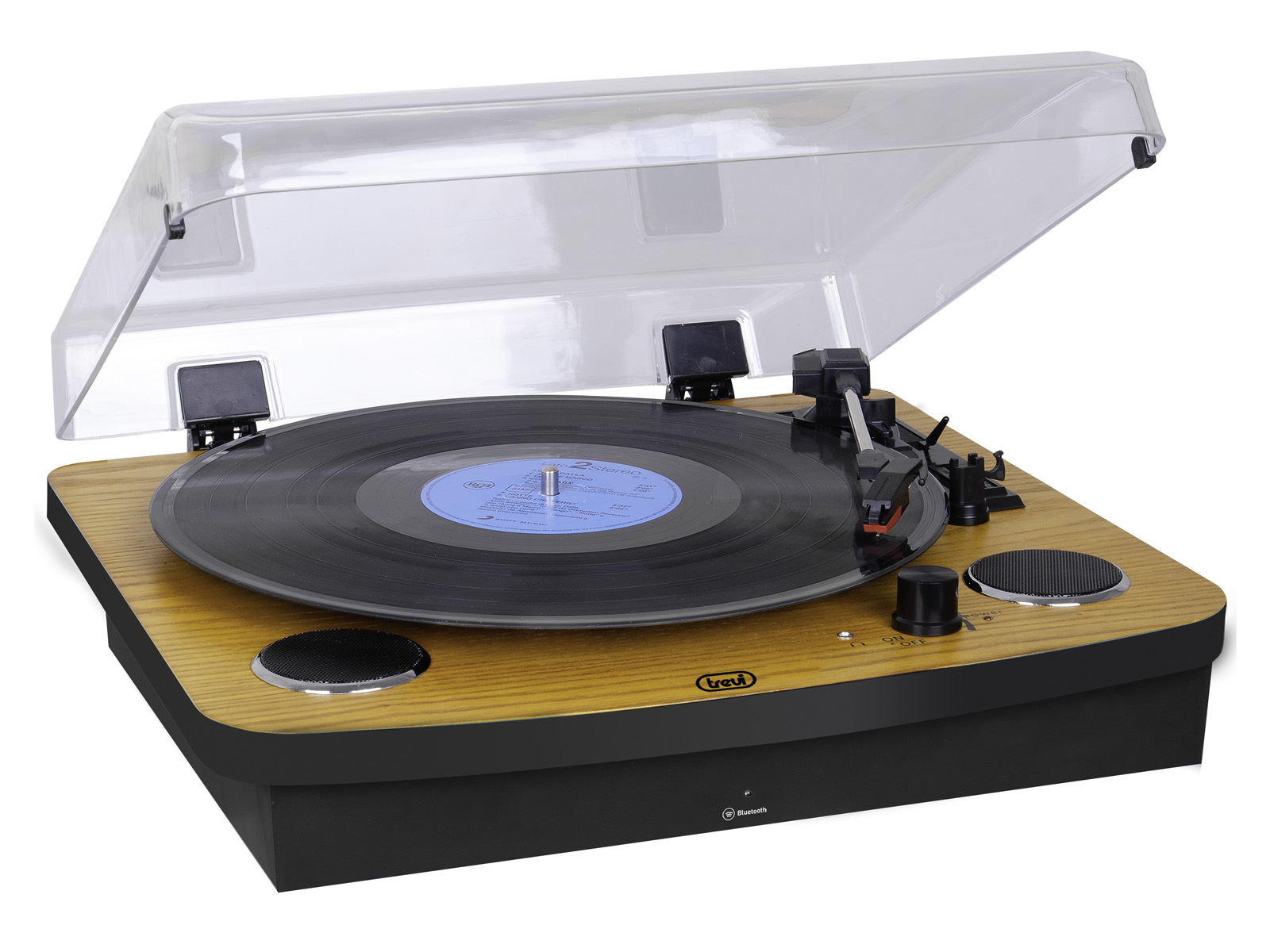 Un tocadiscos con un disco, cubierta abierta, sobre un fondo blanco.