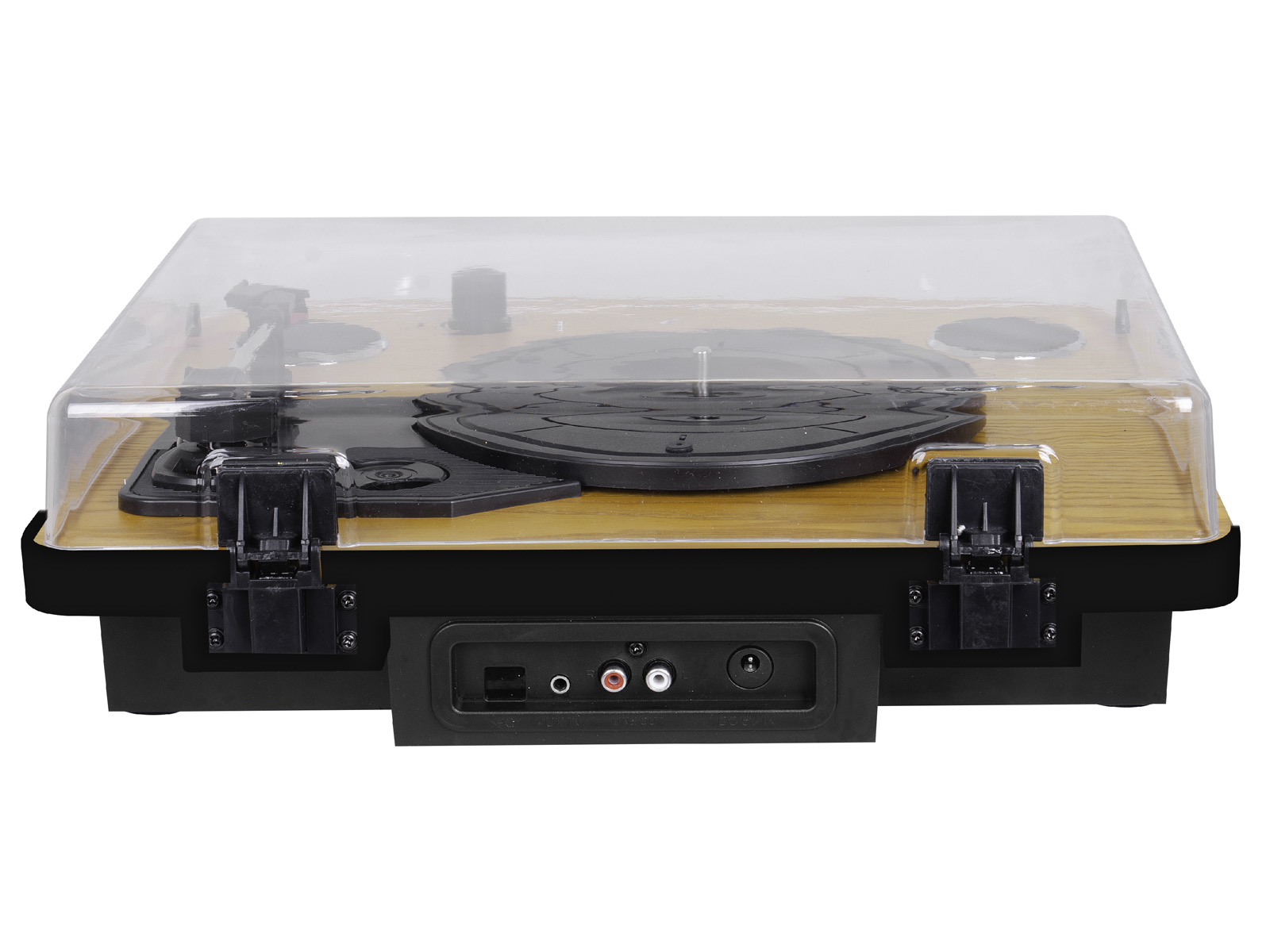 Un tocadiscos vintage con base negra, tapa de madera y cubierta de plástico transparente. Tiene puertos y botones en la parte trasera.