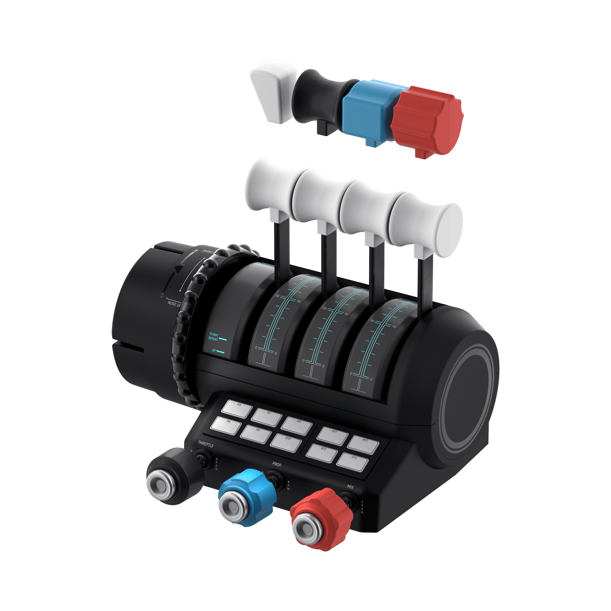 Czarny panel sterowania symulatorem lotu z wieloma dźwigniami i przyciskami, widok z boku.