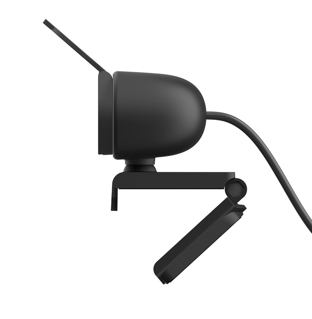Black webcam with a stand and cable, angled to show the lens and adjustable features.