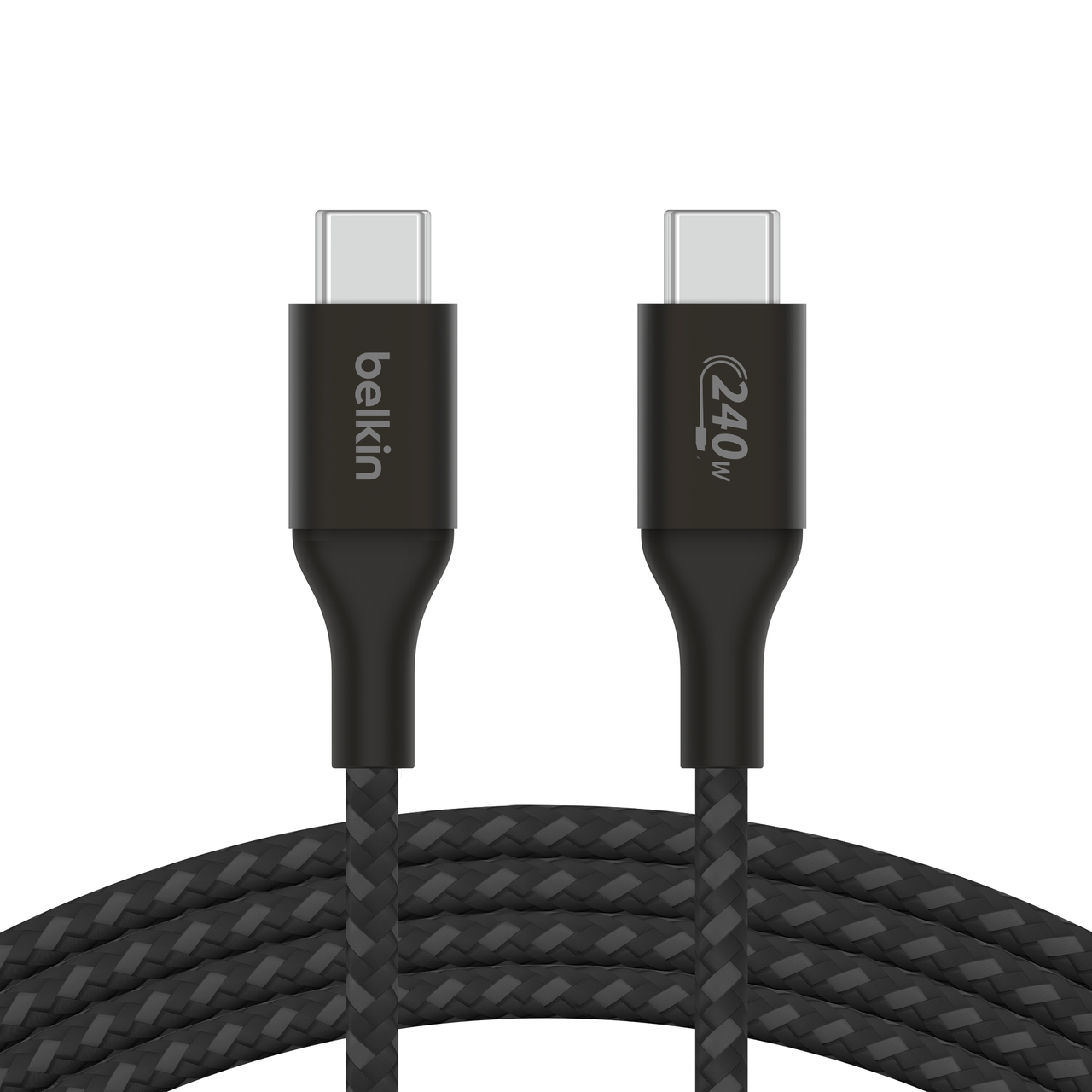 Twee zwarte USB-C-kabels met de Belkin- en 240W-logo's, tegen een witte achtergrond.
