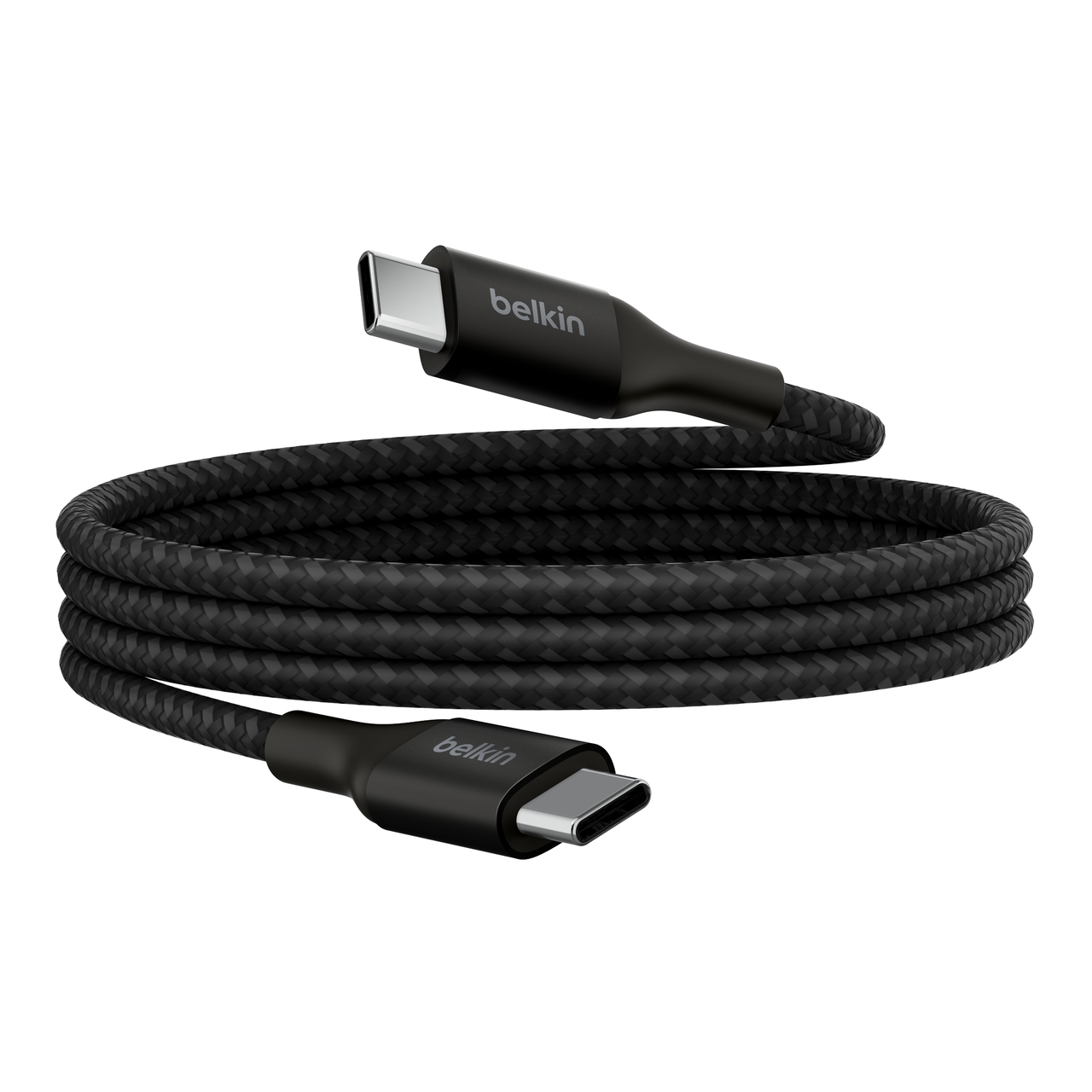 Zwarte Belkin USB-C-kabel, opgerold. Twee USB-C-connectoren getoond. Witte achtergrond.