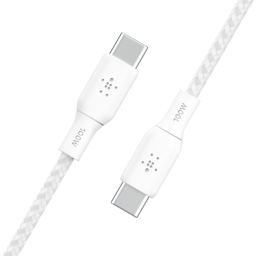 Due cavi USB-C bianchi con connettori bianchi, ciascuno con l'etichetta '100W' su sfondo bianco.