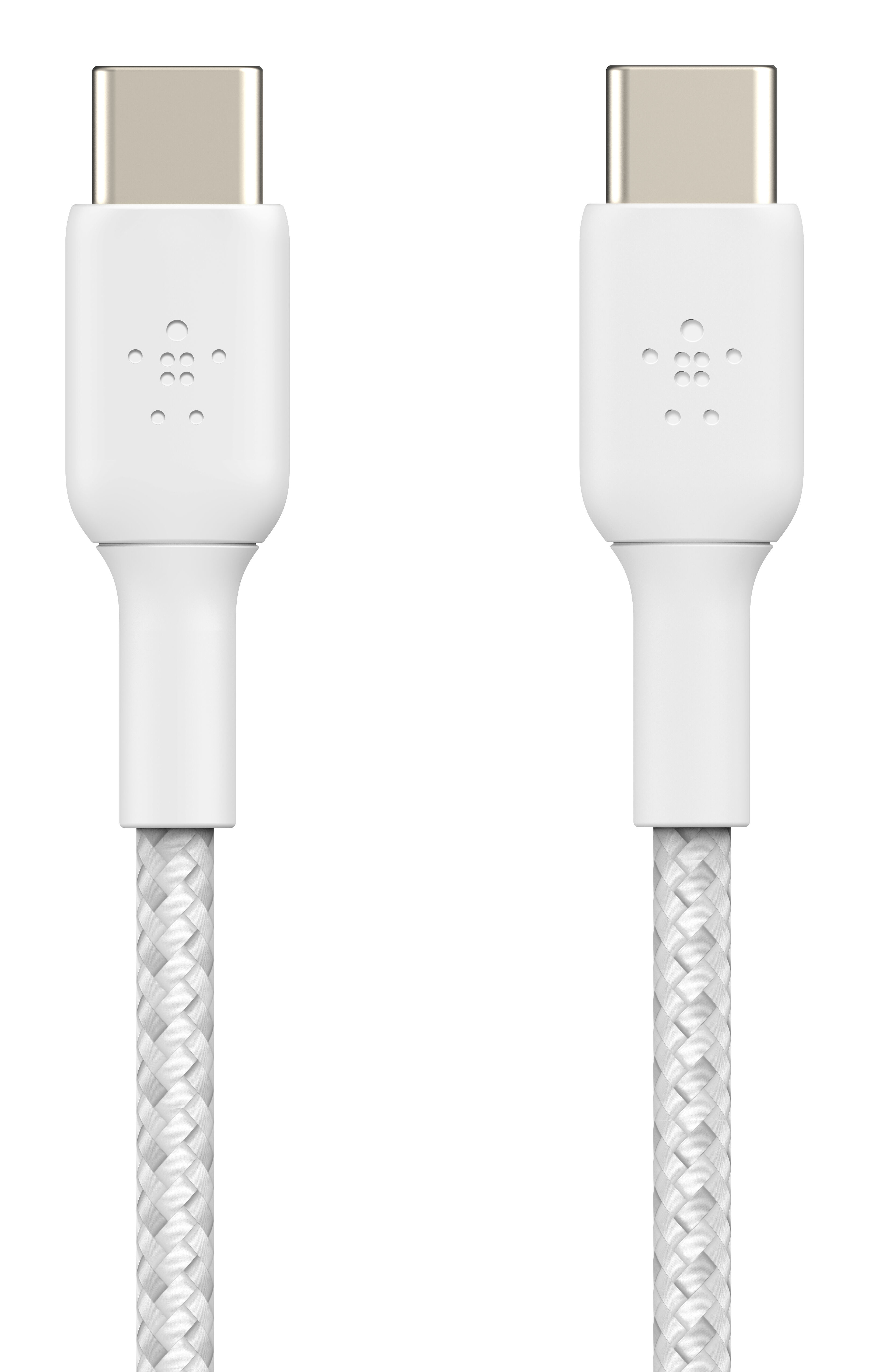 Dwa białe kable USB-C z plecioną fakturą, na białym tle.