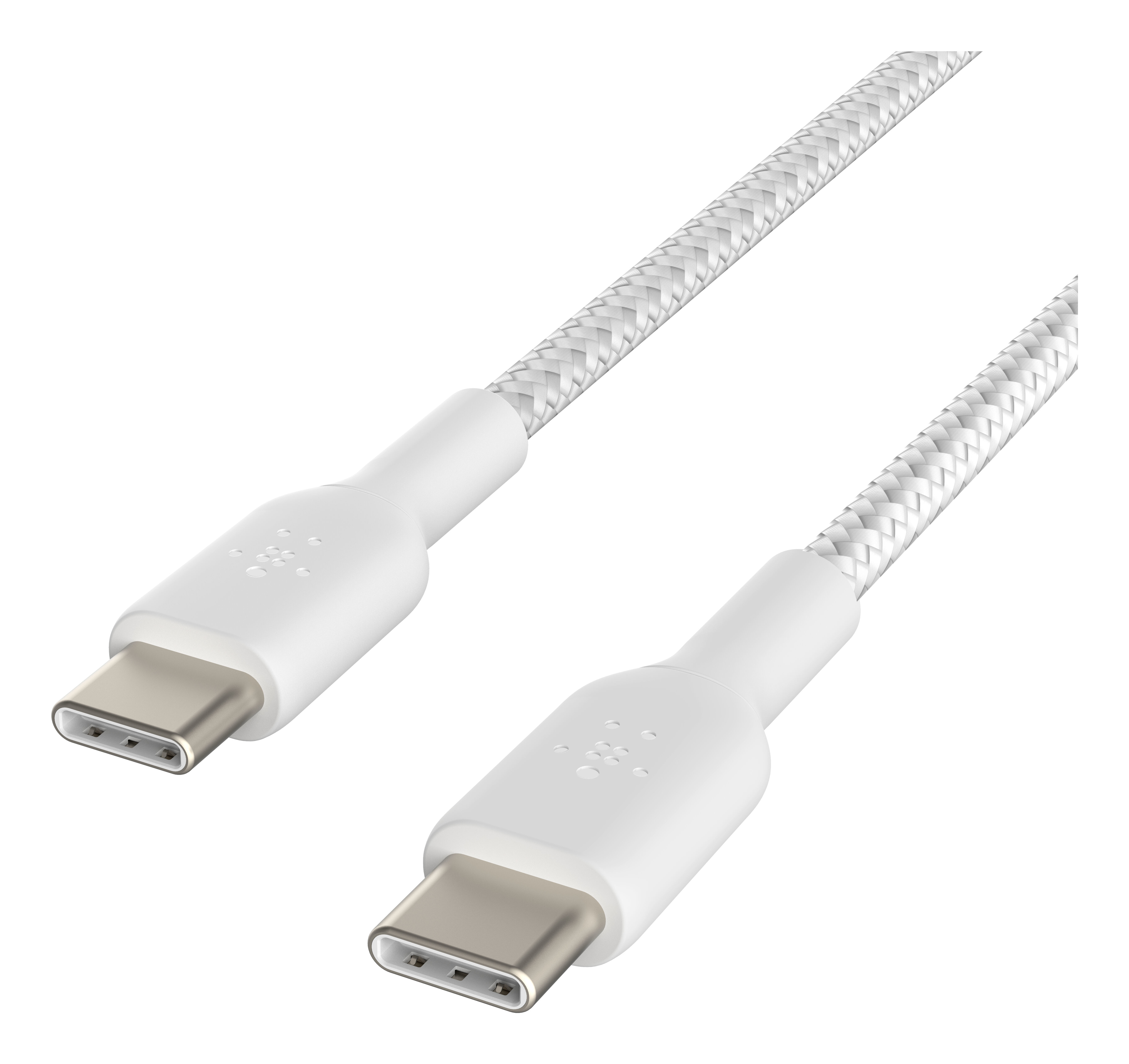 Biały kabel USB-C z białymi złączami. Kabel jest pleciony.