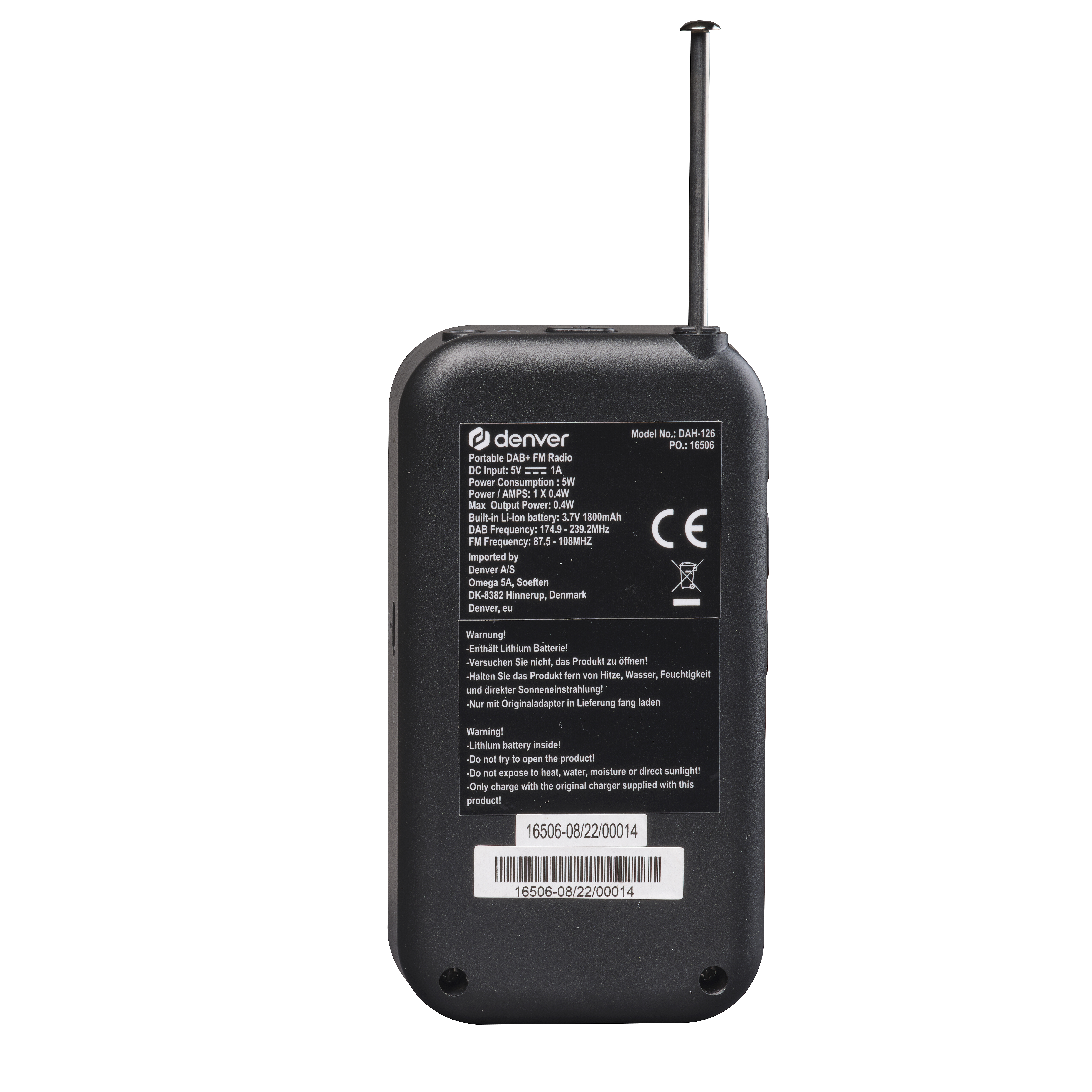 Czarny radio DAB Denver z wysuwaną anteną i etykietami ostrzegawczymi.