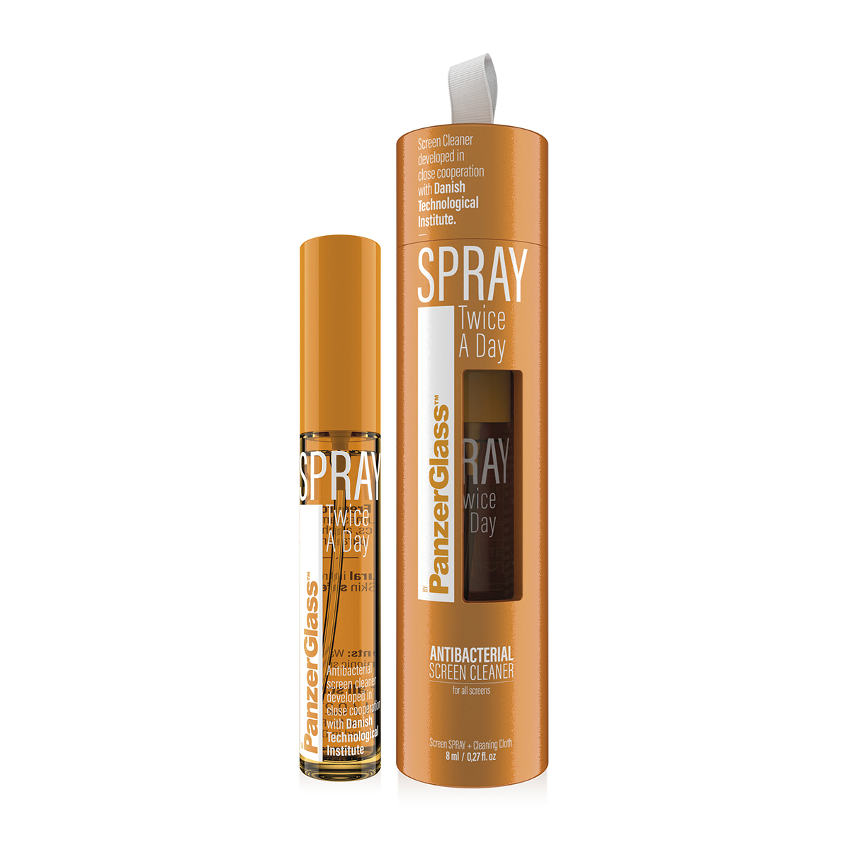 Due flaconi di detergente per schermi, uno in tubetto e uno con ugello spray.