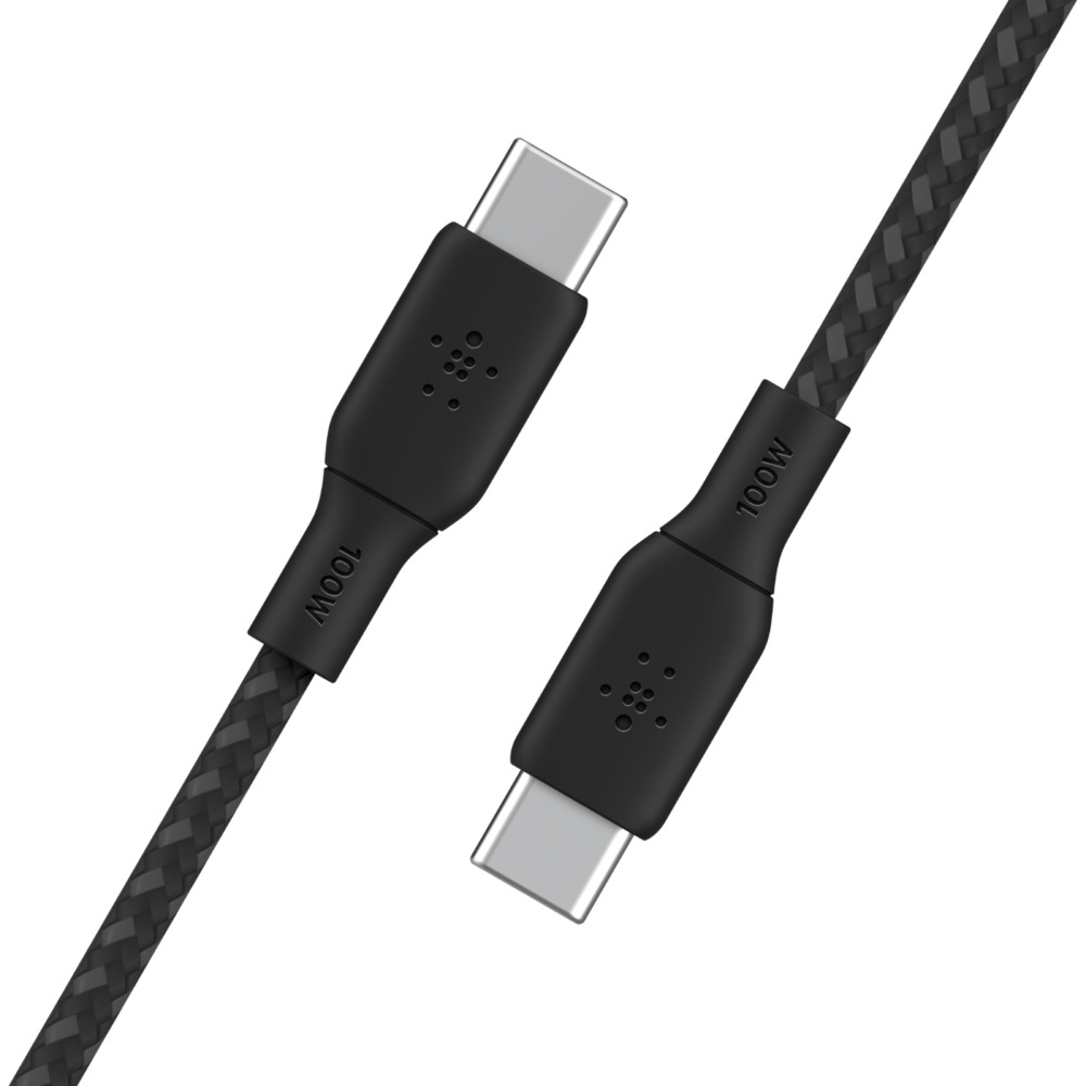 Due cavi USB-C neri con marcature 100W. Hanno connettori neri e una trama intrecciata.