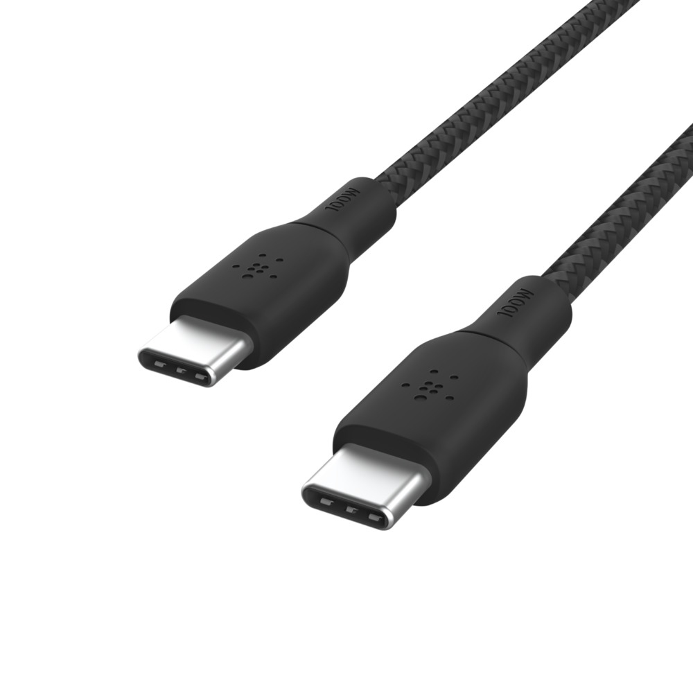 Due cavi USB-C neri con connettori neri, etichettati '100W' su sfondo bianco.