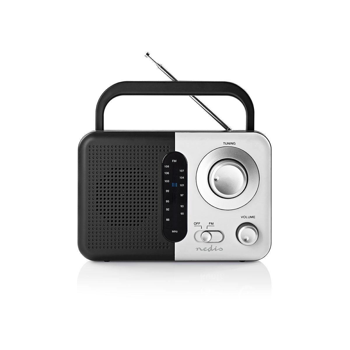 Ein Retro-Radio mit schwarz-weißem Design. Es hat einen Griff, Drehknöpfe für Tuning und Lautstärke sowie eine Antenne.