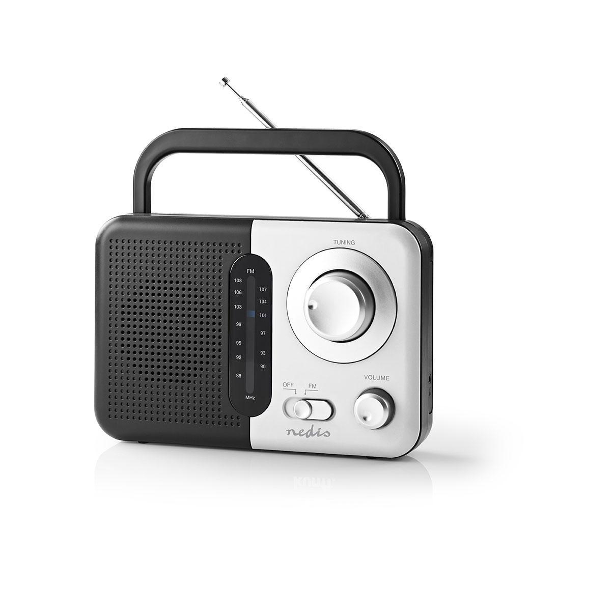 Schwarzes und silbernes Retro-Radio mit Griff und Antenne. Knöpfe für Abstimmung und Lautstärkeregelung.