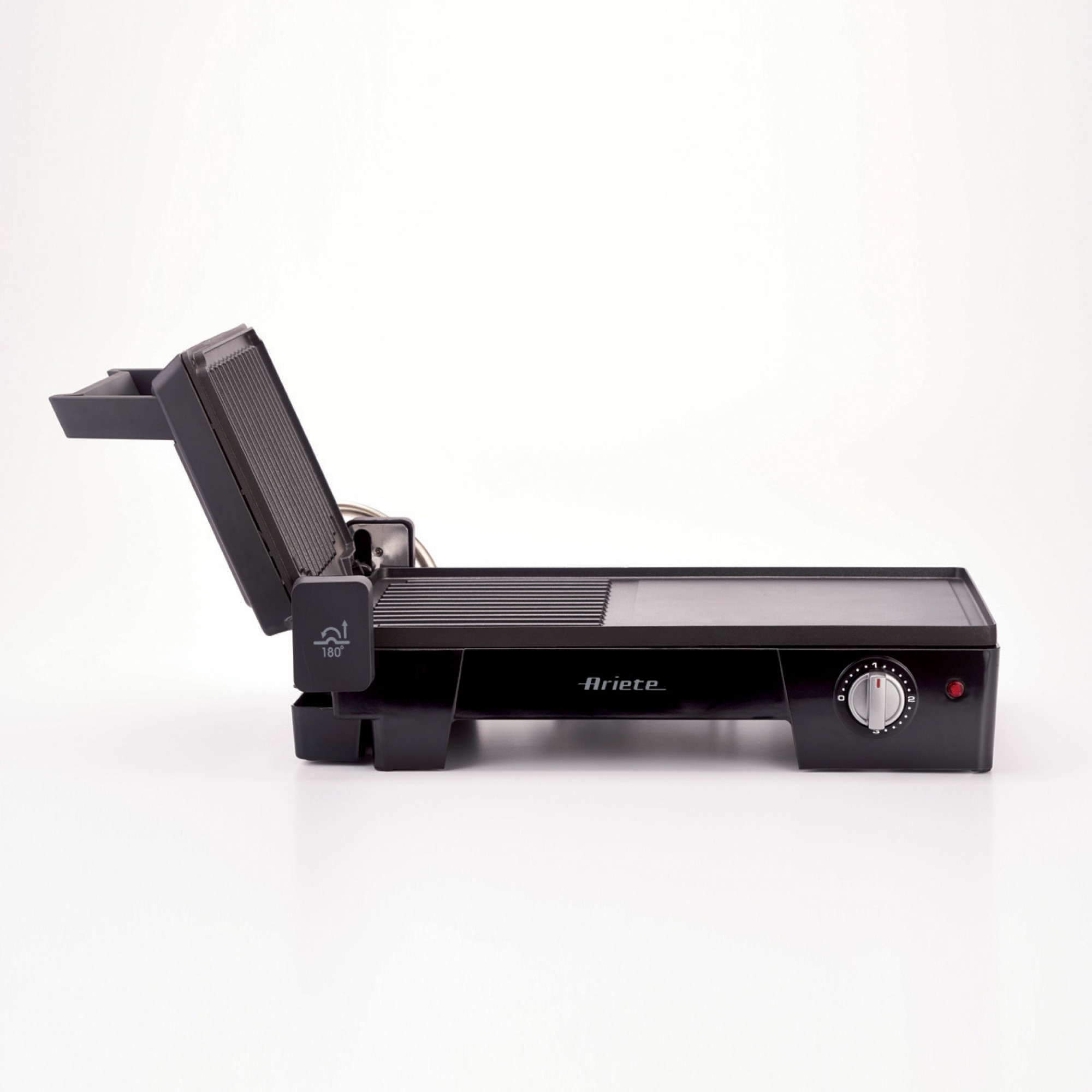 Black Ariete electric grill, open, on a white background, showing grill and control dial.