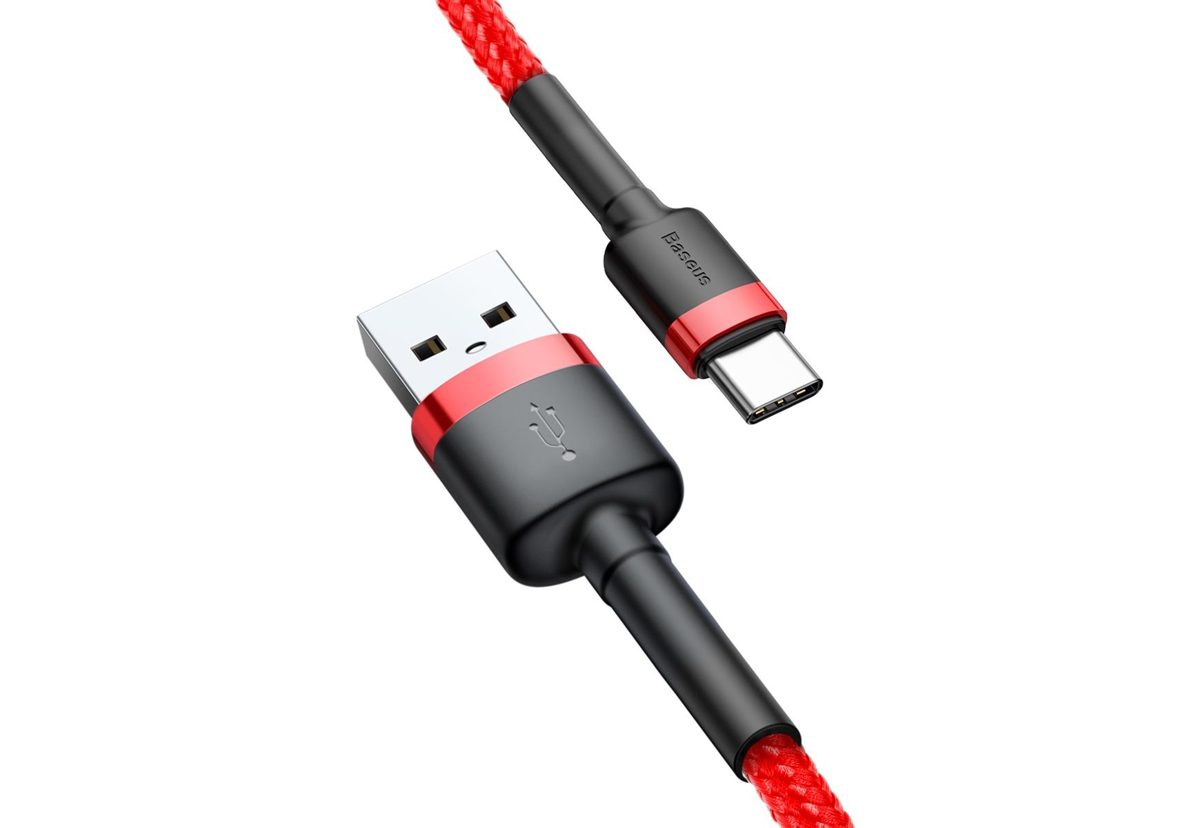 Czerwony pleciony kabel USB-A do USB-C, czarne złącza, białe tło.