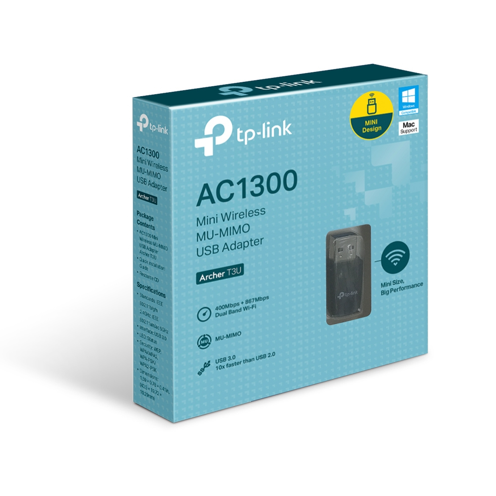 Pudełko adaptera USB TP-Link AC1300 z adapterem USB w środku.