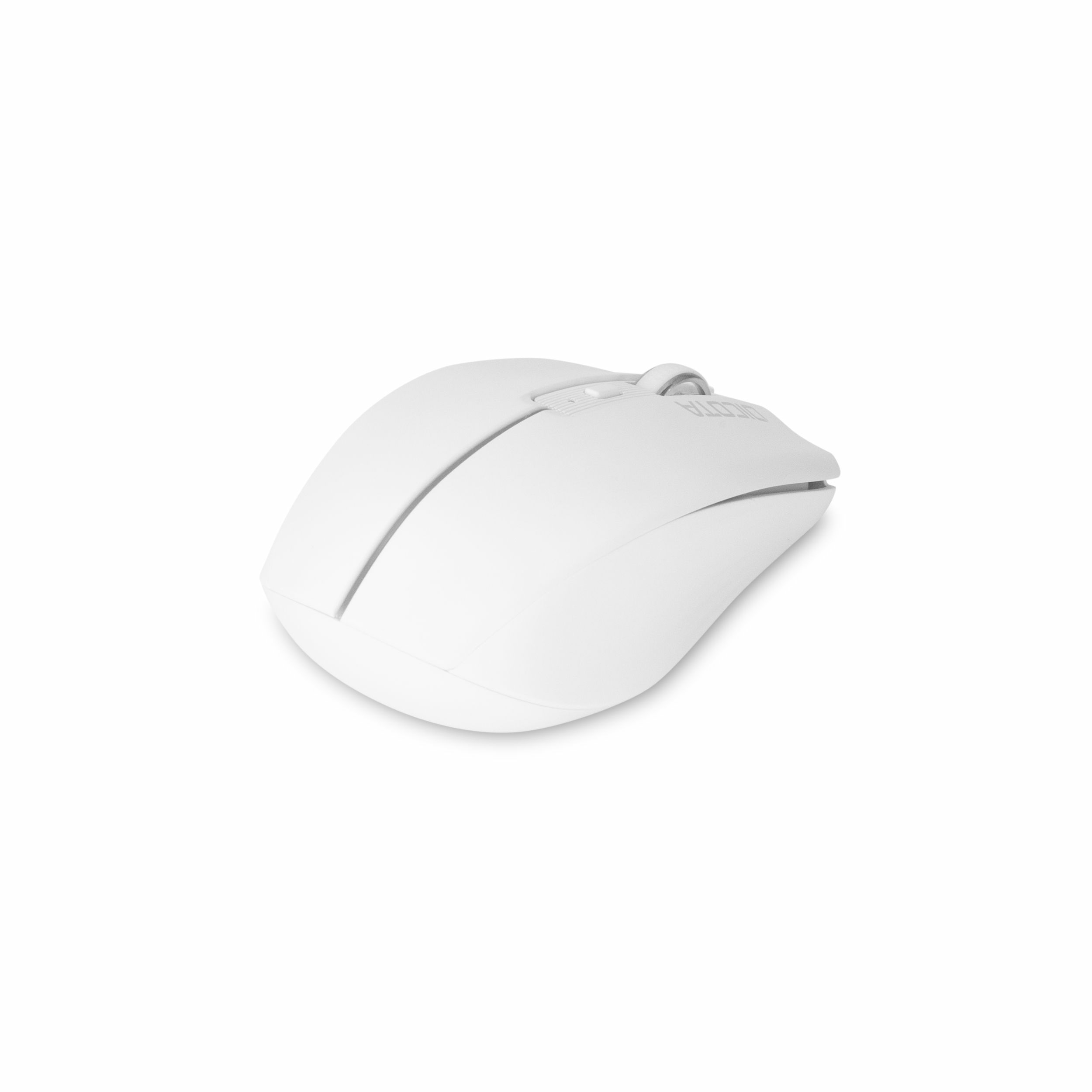 Witte computermuis op een witte achtergrond. Hij heeft een eenvoudig ontwerp, met twee knoppen en een scrollwiel.
