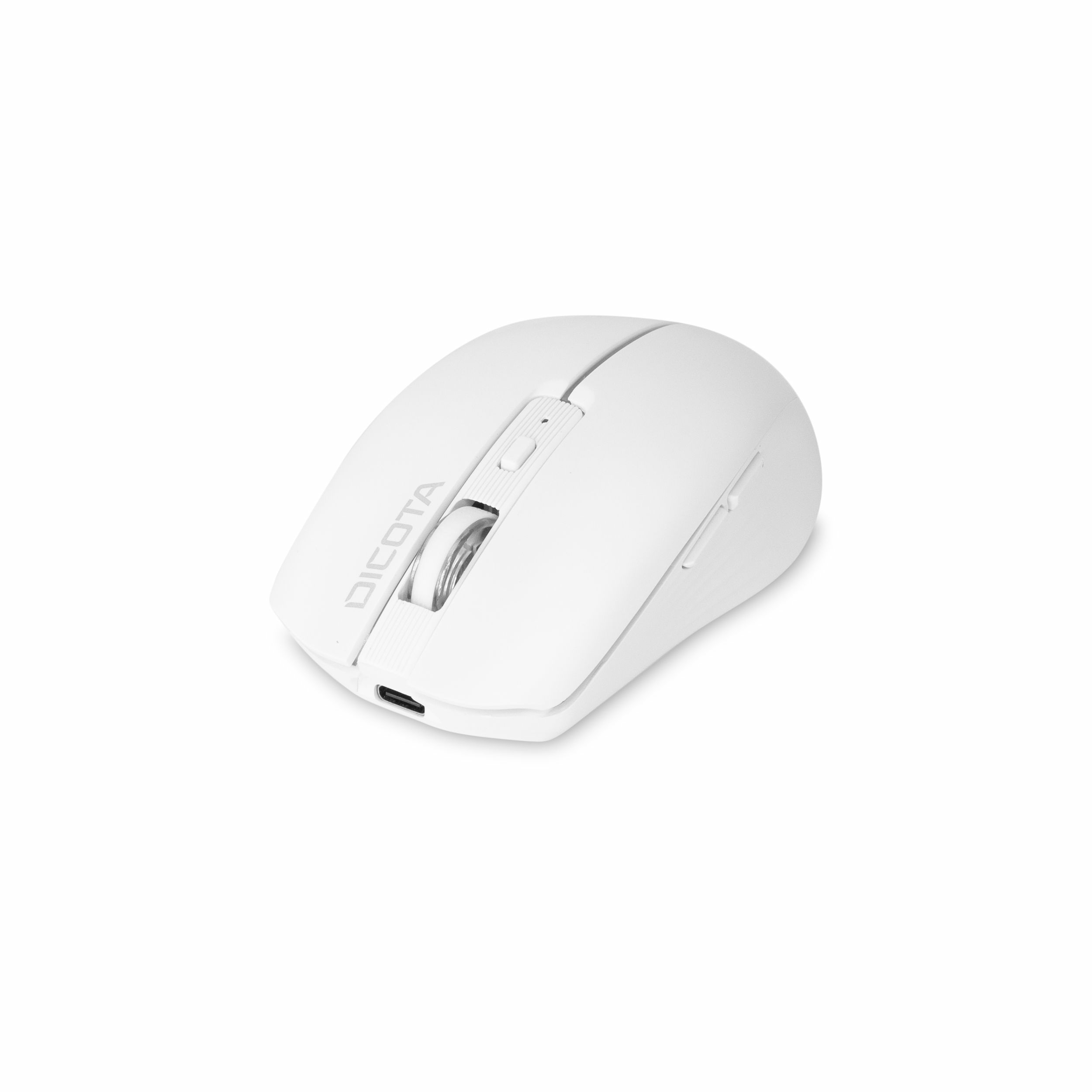 Een witte DICOTA draadloze muis met een scrollwiel en een USB-C poort op een wit oppervlak.