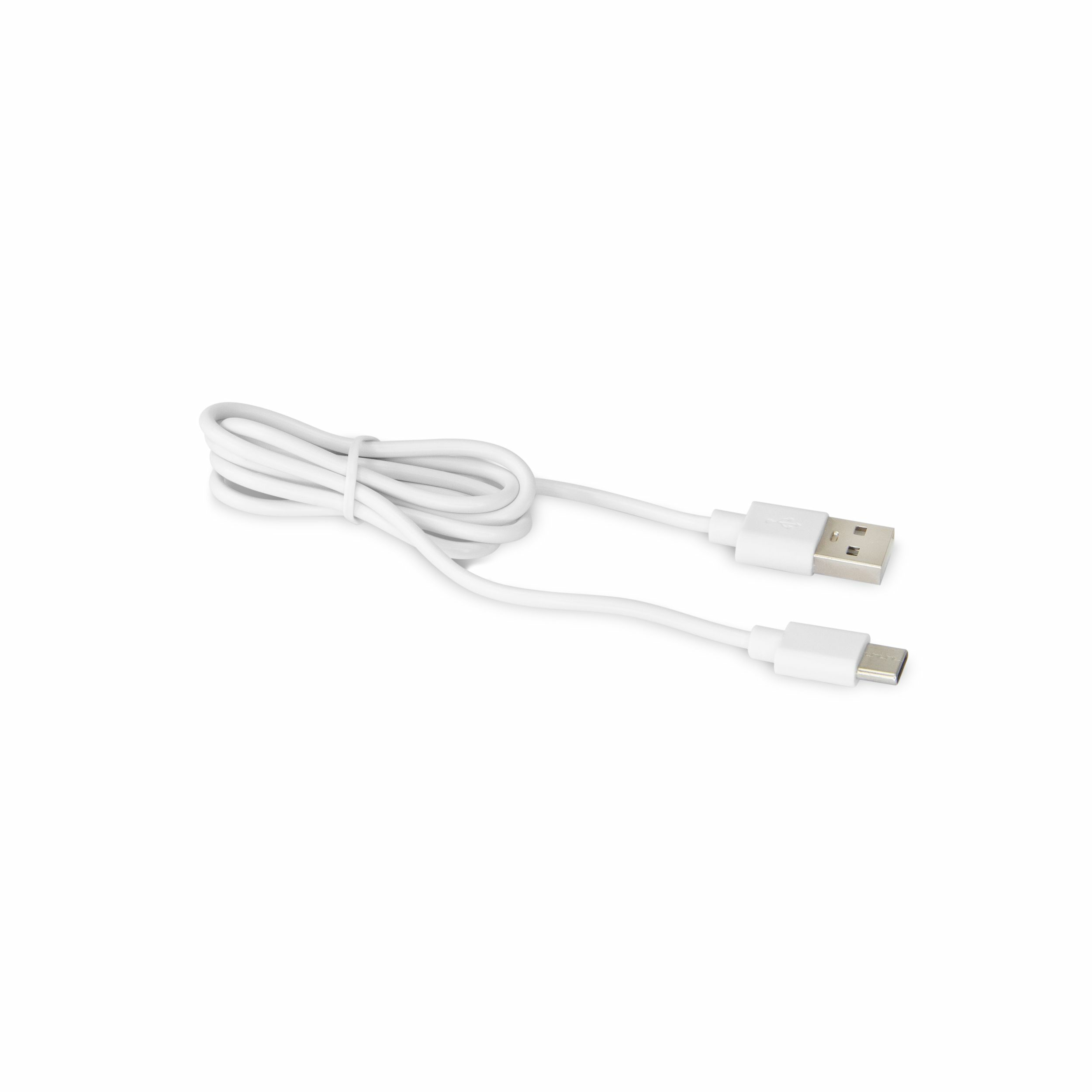 Biały kabel USB ze złączami USB-A i USB-C. Jest umieszczony na białej powierzchni.