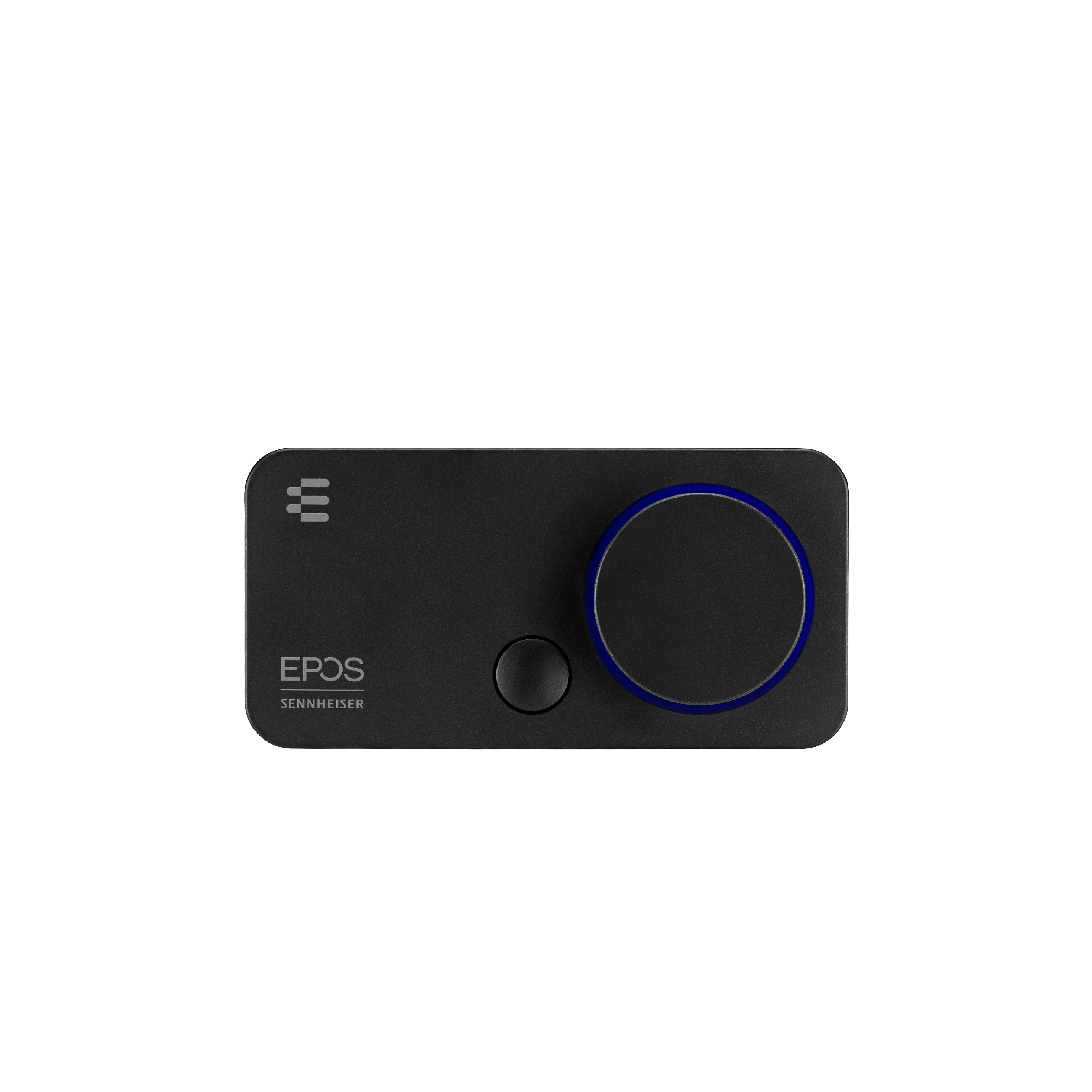 Schwarzer EPOS Sennheiser Audioregler mit blauem Licht und Knopf.