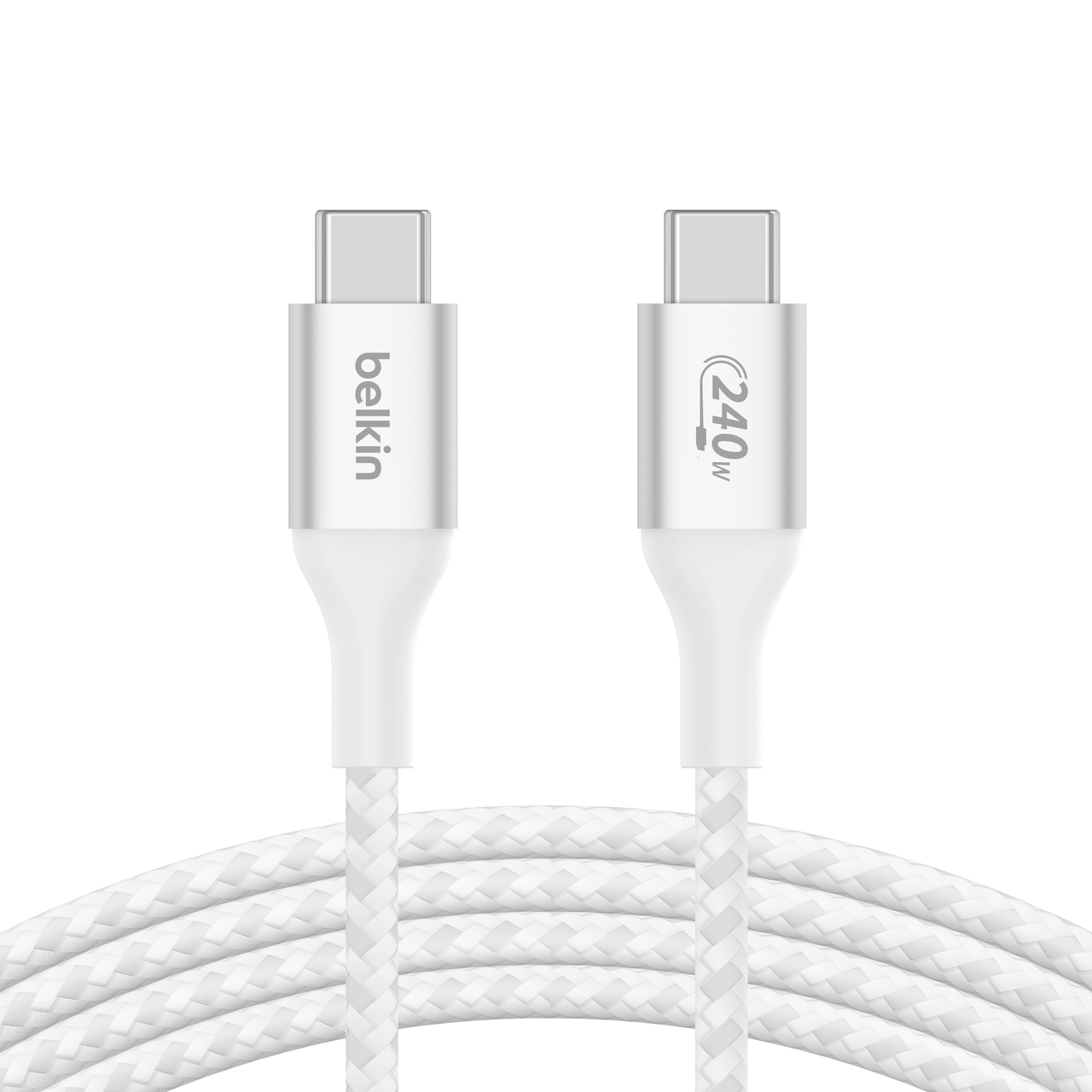 Een witte Belkin USB-C-kabel met twee connectoren. Een ervan leest '240W'.