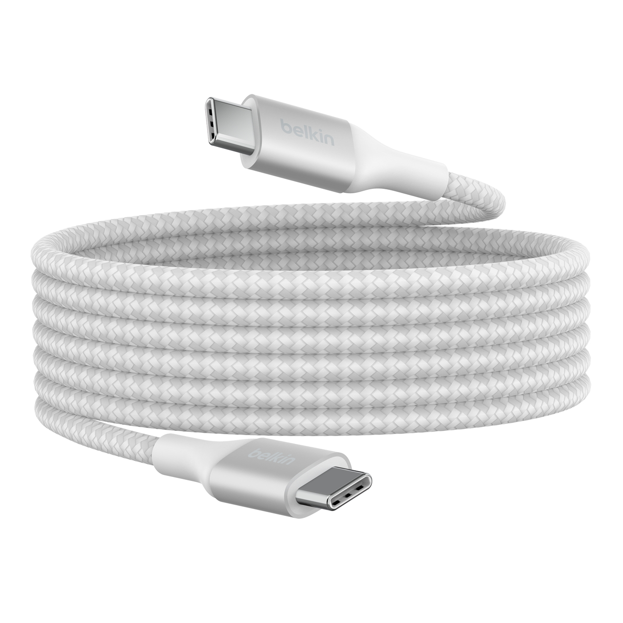 Un cavo USB-C Belkin bianco, arrotolato. Ha una trama intrecciata e connettori argentati a entrambe le estremità.