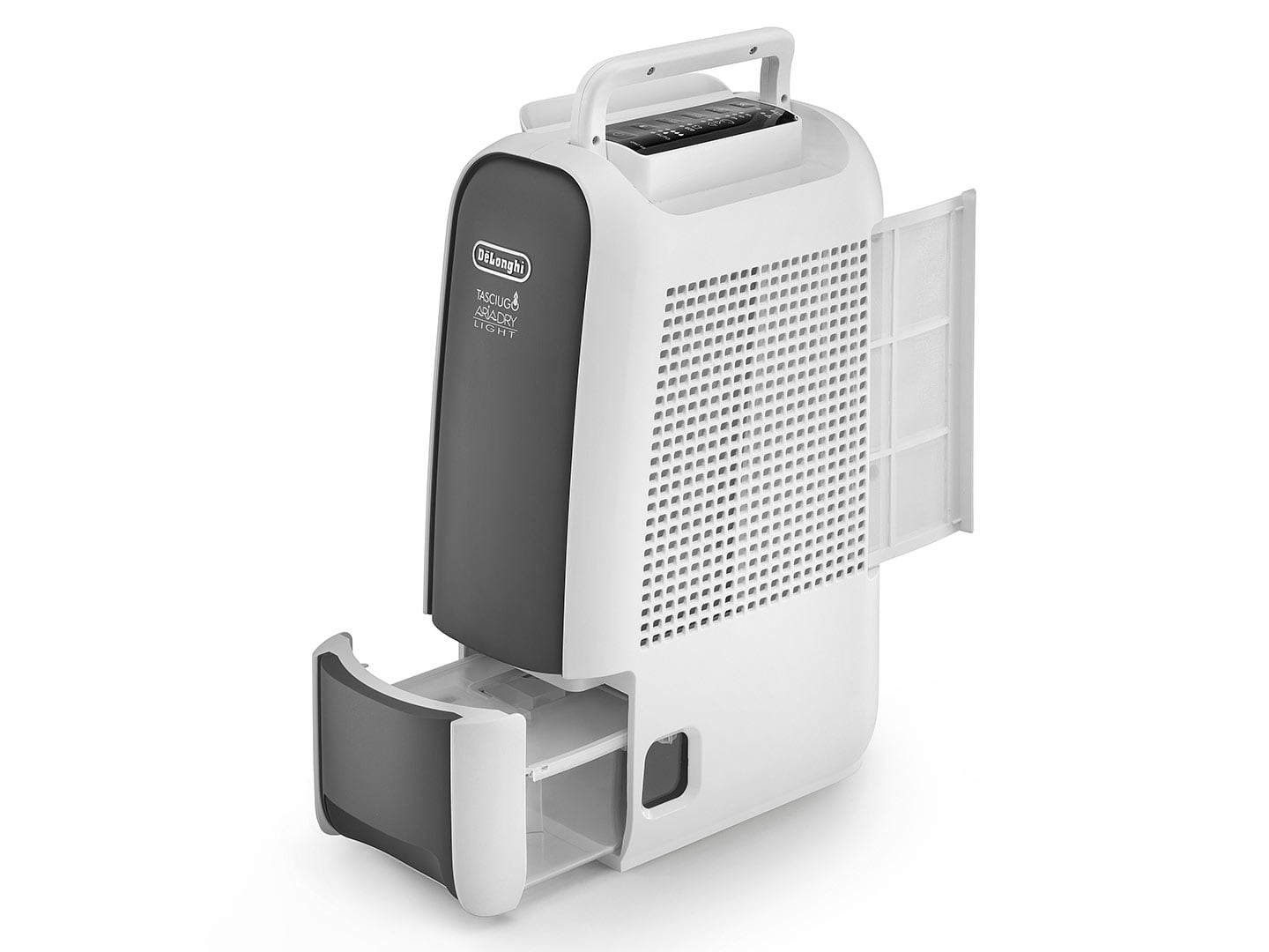 Biało-szary osuszacz powietrza De'Longhi z otwartą komorą filtra, białe tło.