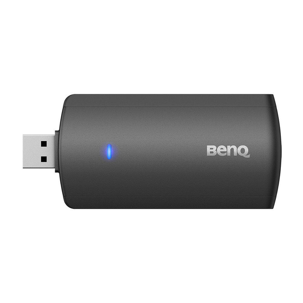 Dispositivo USB BENQ nero con luce blu, su sfondo bianco. Il connettore USB è visibile.