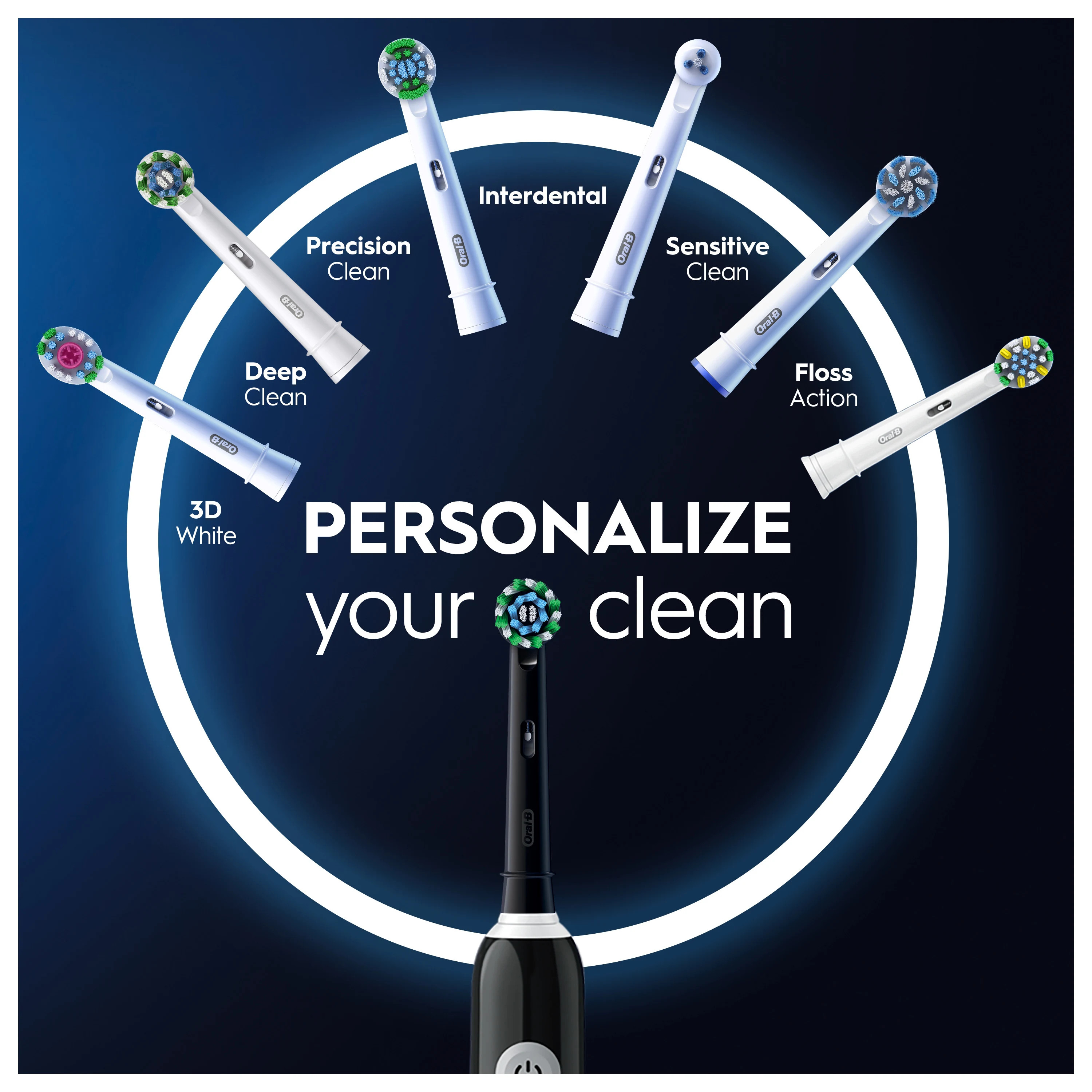 Elektryczna szczoteczka do zębów z wymiennymi końcówkami i opcjami personalizacji.