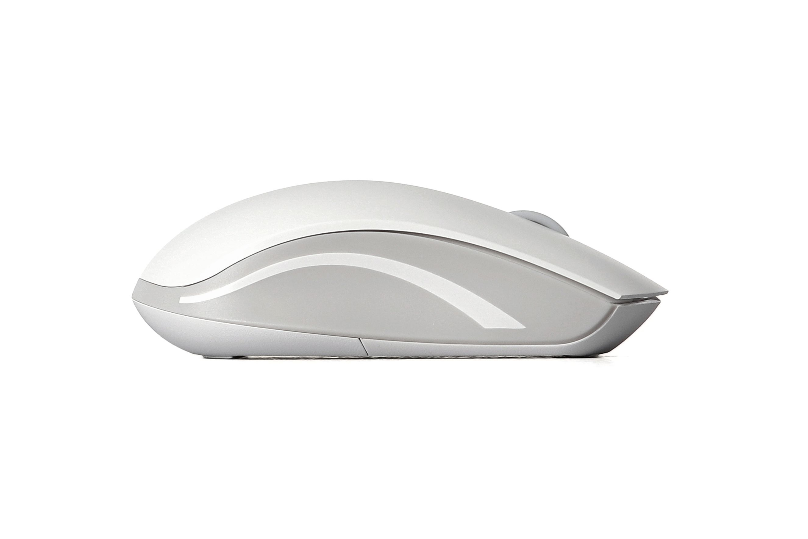 Un mouse wireless bianco e grigio. È su una superficie bianca. Il mouse ha un design curvo.