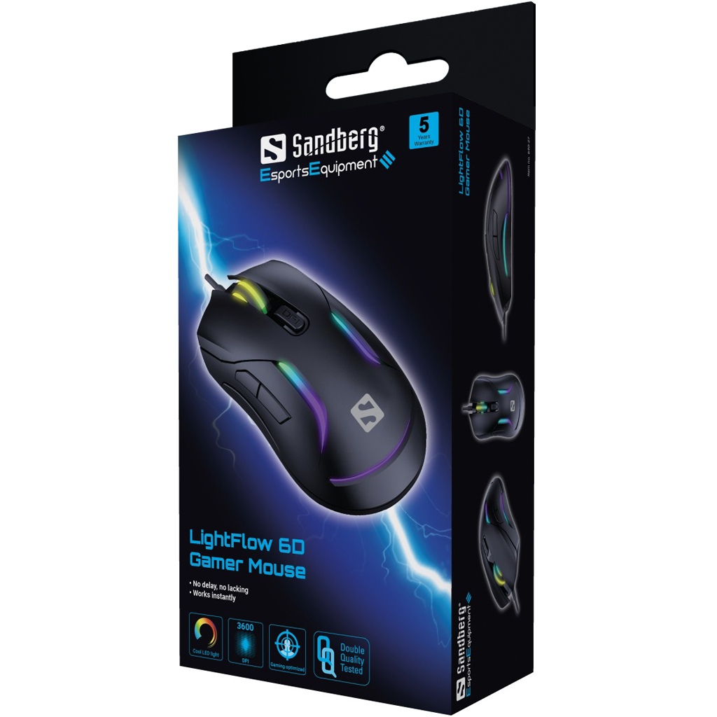 Gaming mouse in a box, showing the mouse and its features, with a black backdrop.