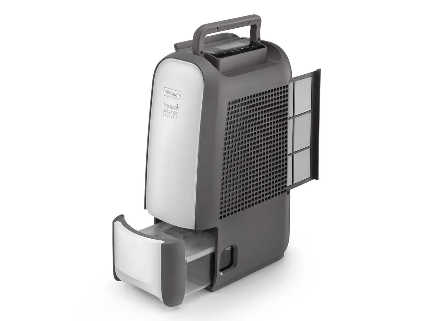 Biały i szary osuszacz z otwartym zbiornikiem na wodę.