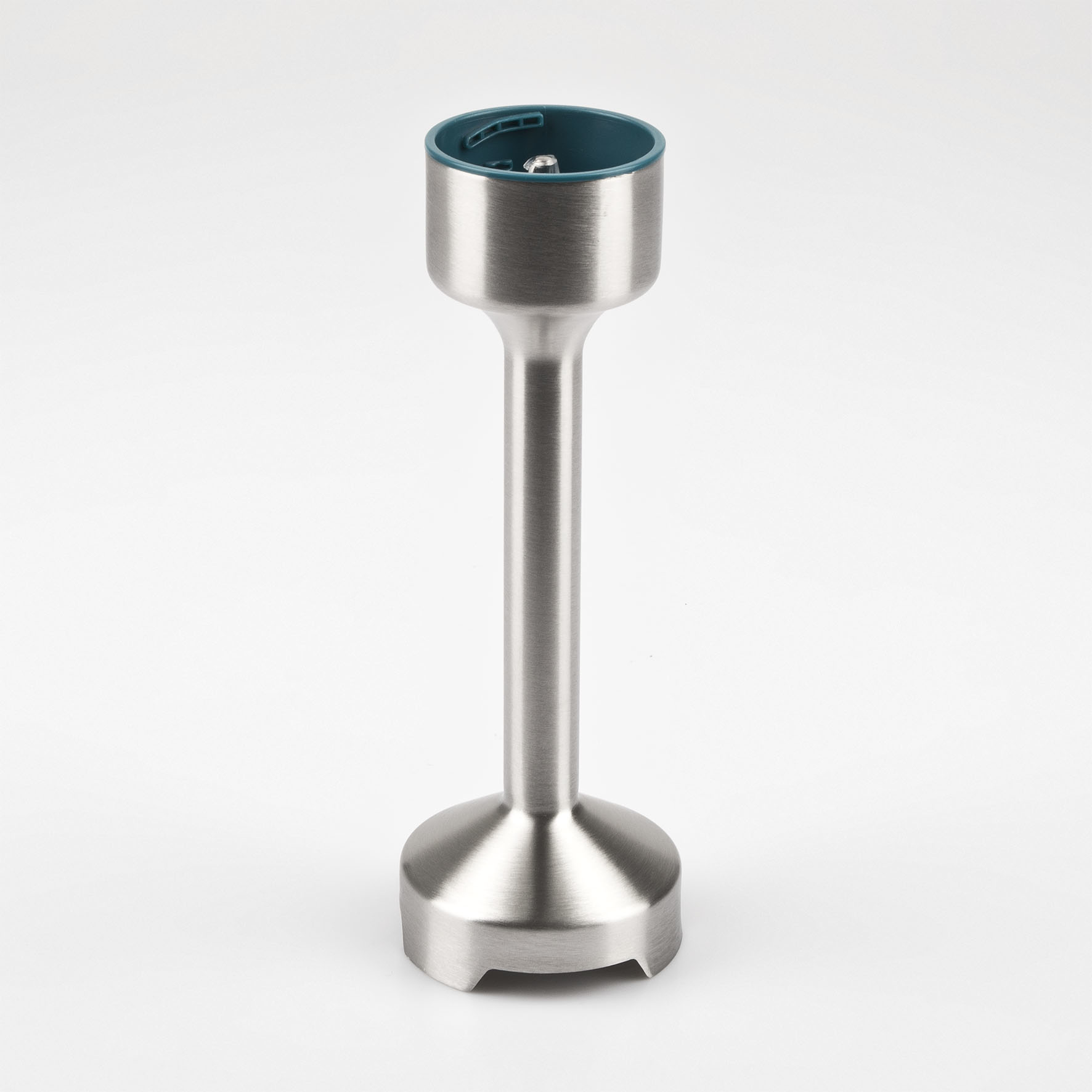 Końcówka blendera ręcznego ze stali nierdzewnej z turkusowym wierzchem.