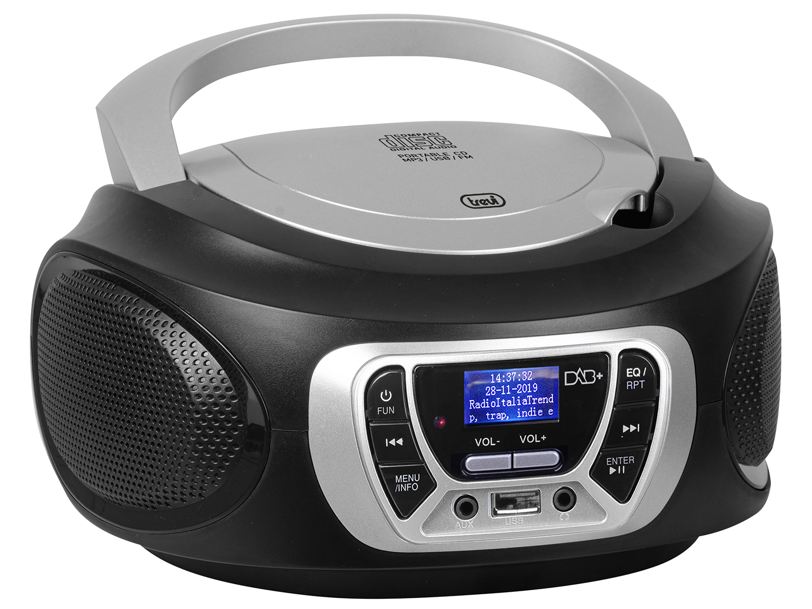 Una radio portátil negra y plateada. Tiene un asa, botones y una pantalla.