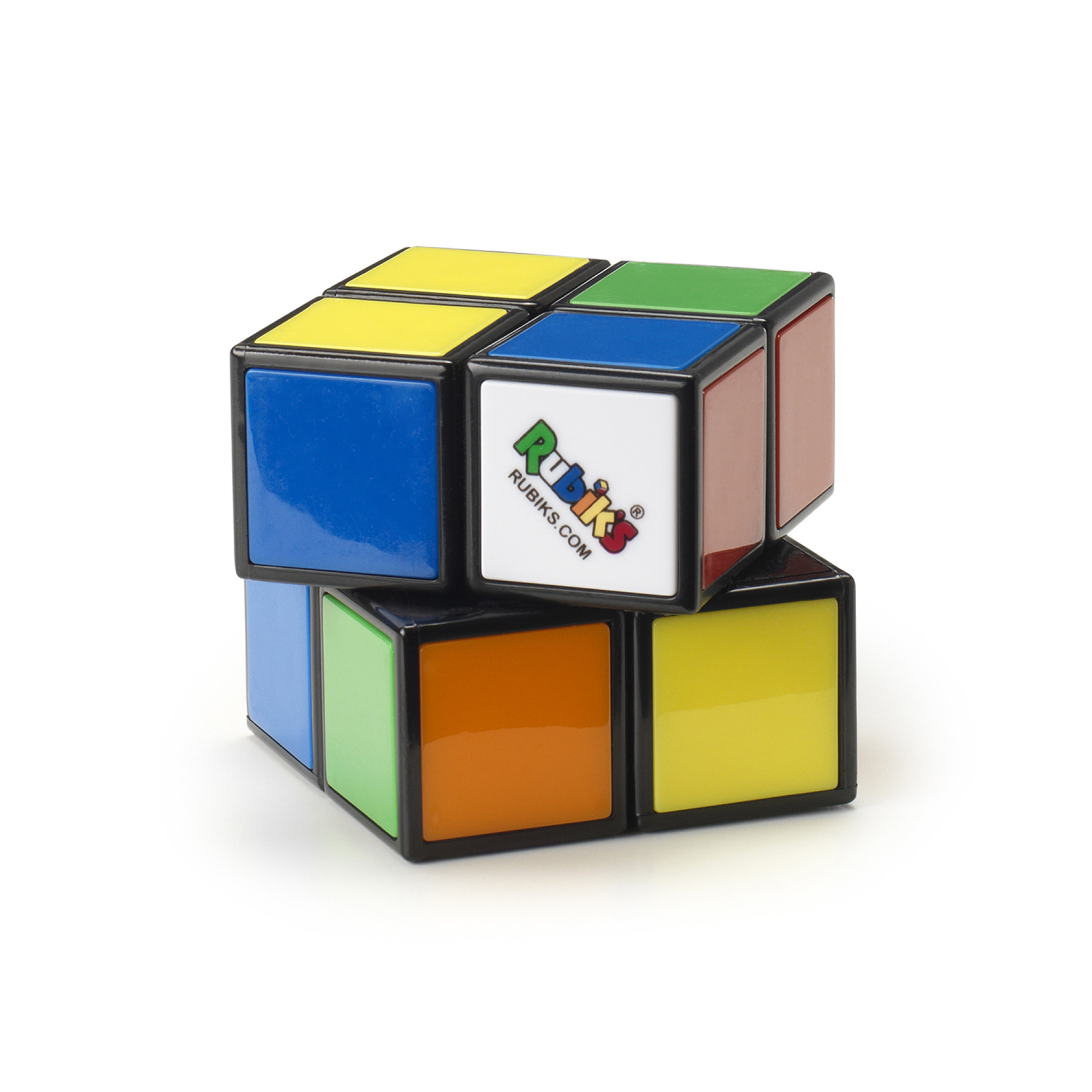 Cubo di Rubik 2x2, colori giallo, verde, blu, arancione, rosso e bianco. Bordi neri, sfondo bianco.