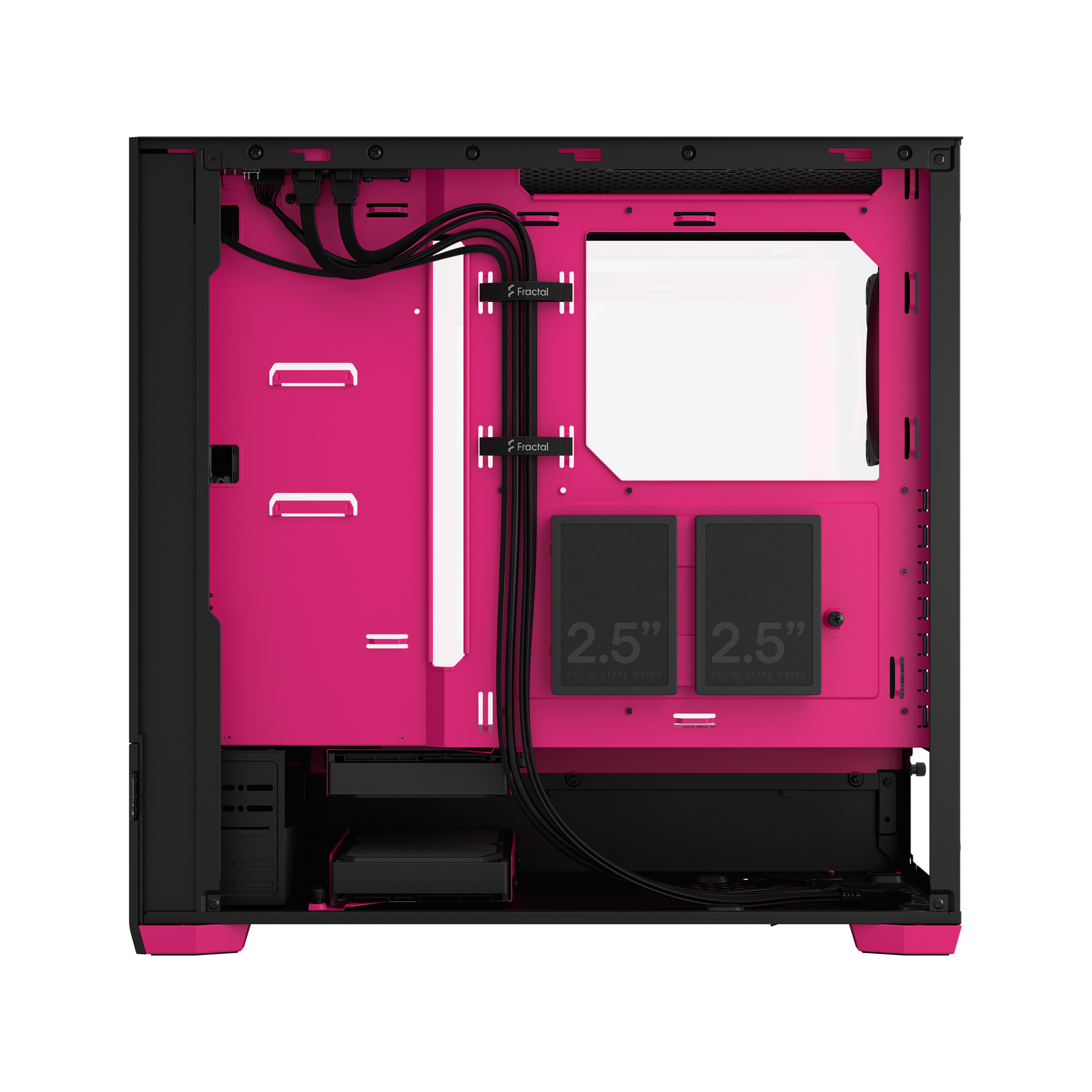 Computergehäuse-Innenraum, rosa mit schwarzen Akzenten. Zeigt Komponenten und Verkabelung.