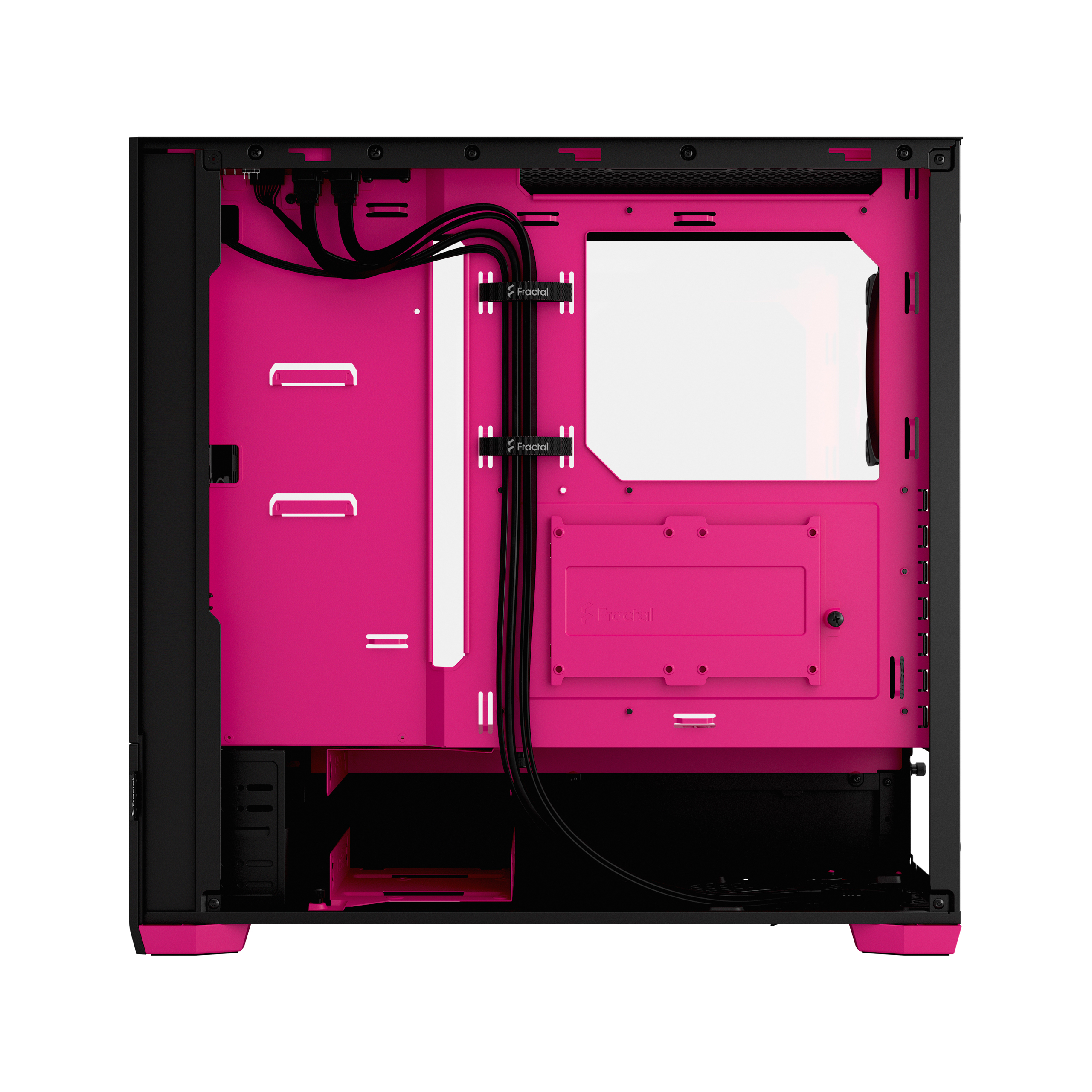 Pinker Computergehäuse-Innenraum mit Komponenten und Glasplatte.