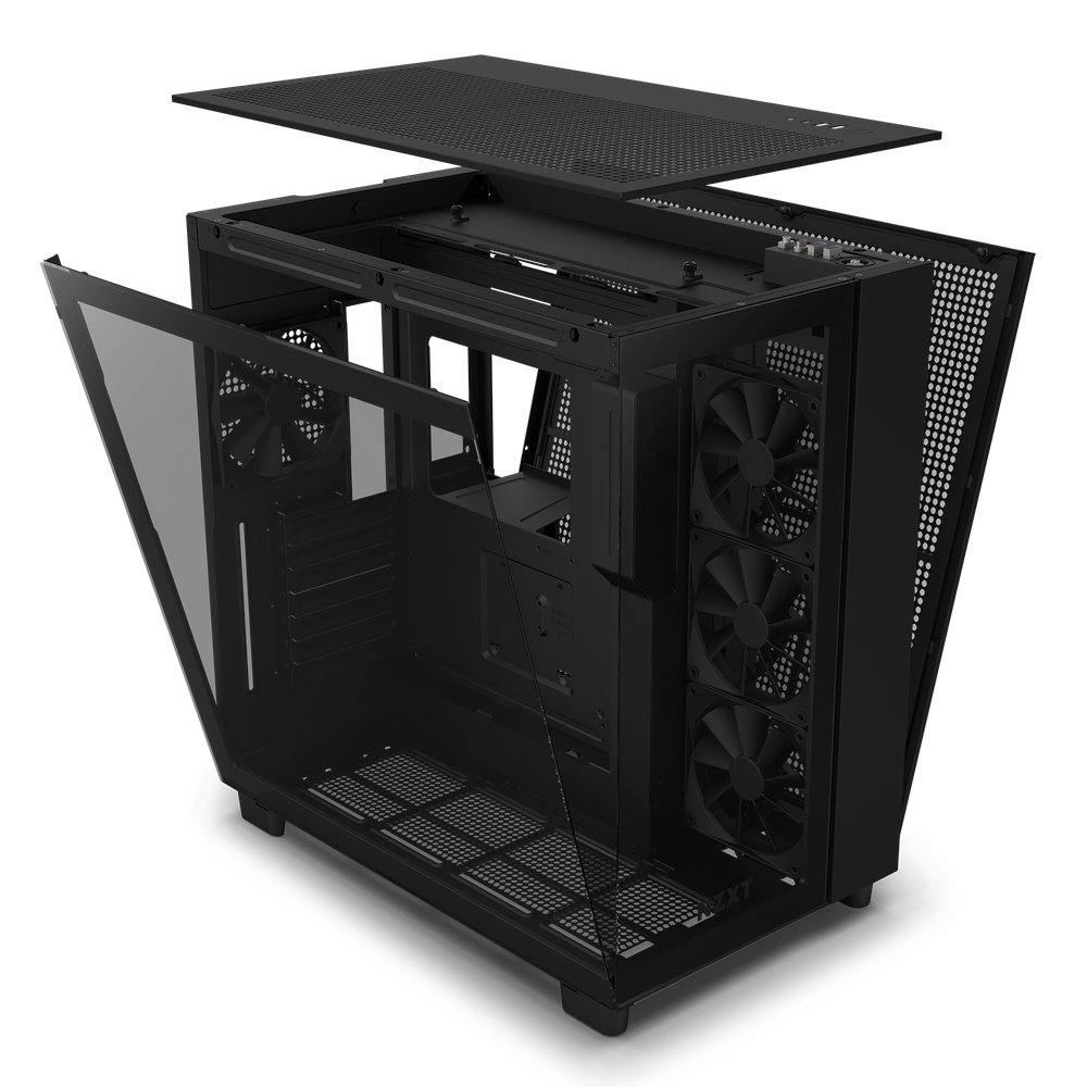 Case per computer nero, aperto, con ventole e componenti visibili, sfondo bianco.