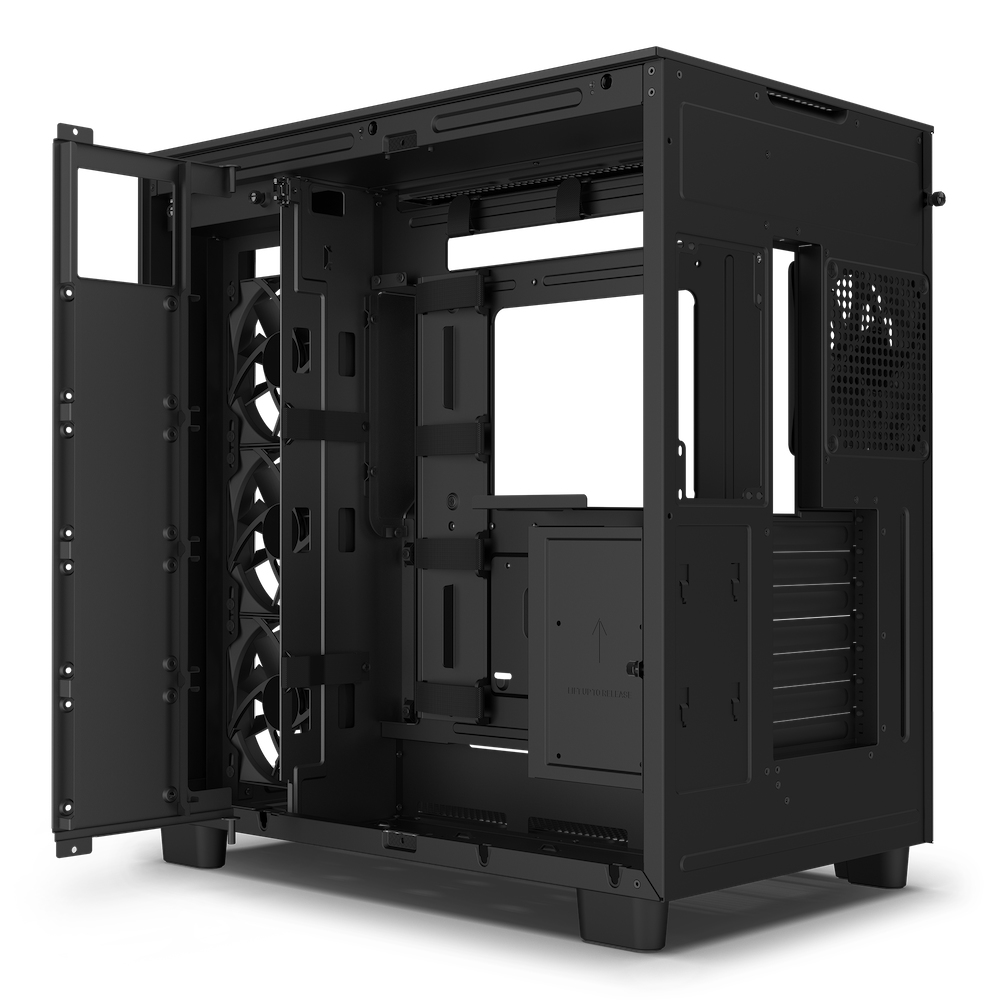 Case nero per computer con pannello laterale aperto, che rivela i componenti interni.