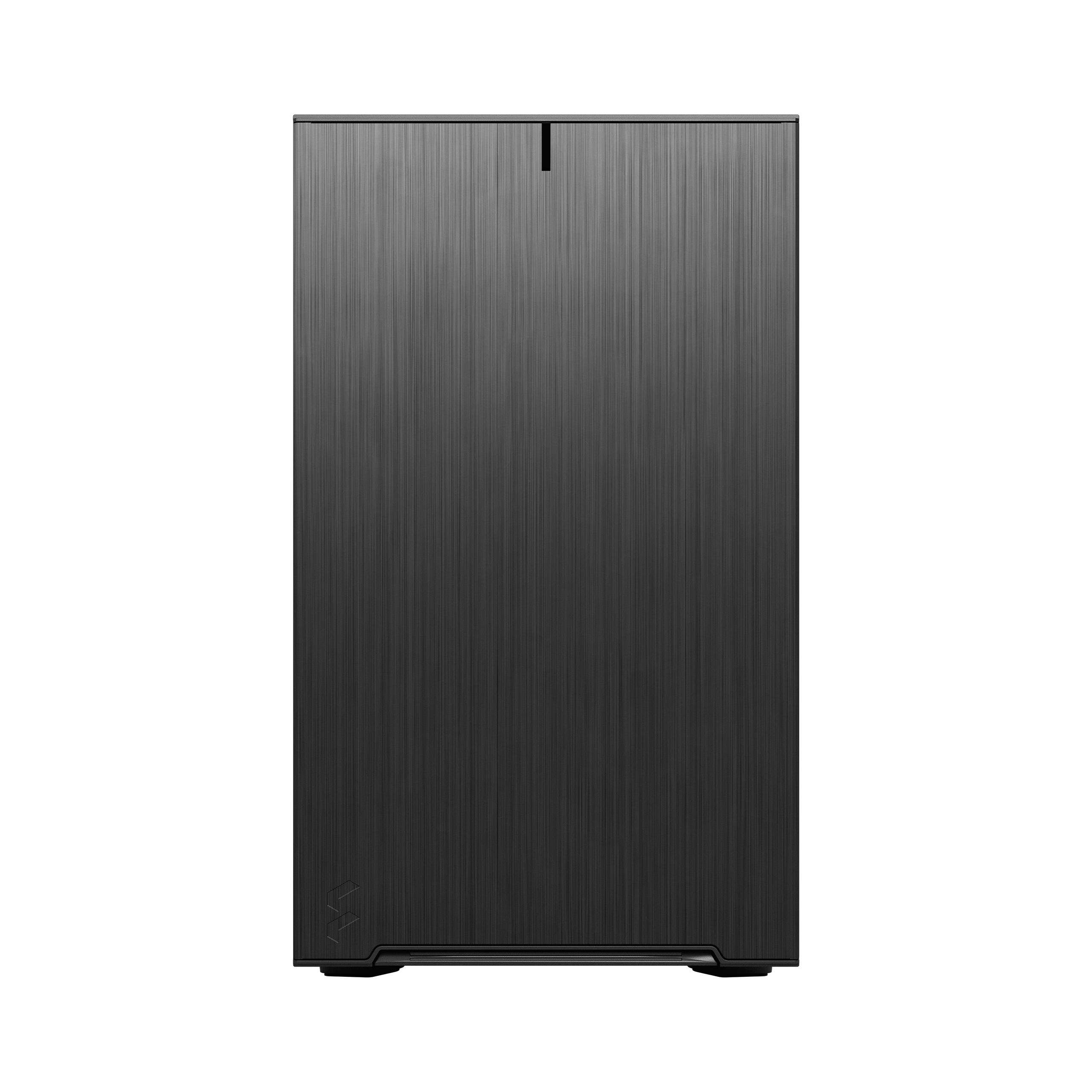 Un case per computer nero con finitura in metallo spazzolato e design semplice su sfondo bianco.