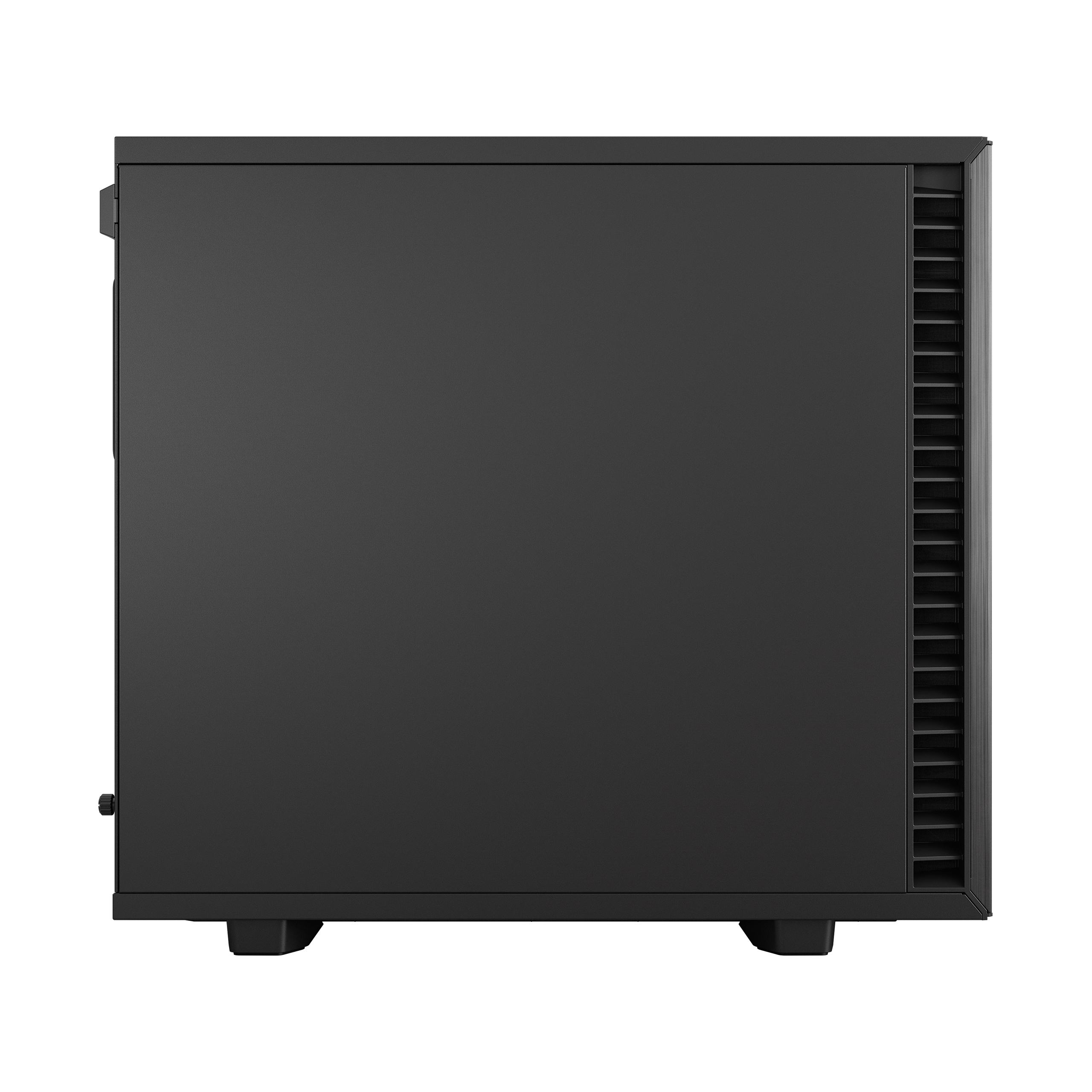 Case PC nero di lato, con pannello laterale a rete, sfondo bianco.