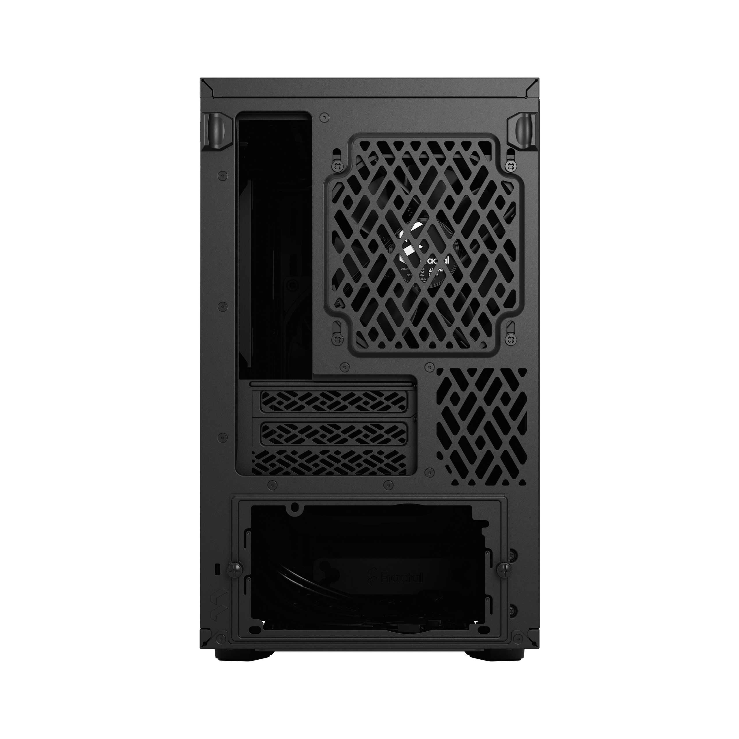 Pannello posteriore di un case per computer nero. Ha aperture per i componenti e un supporto ventola.