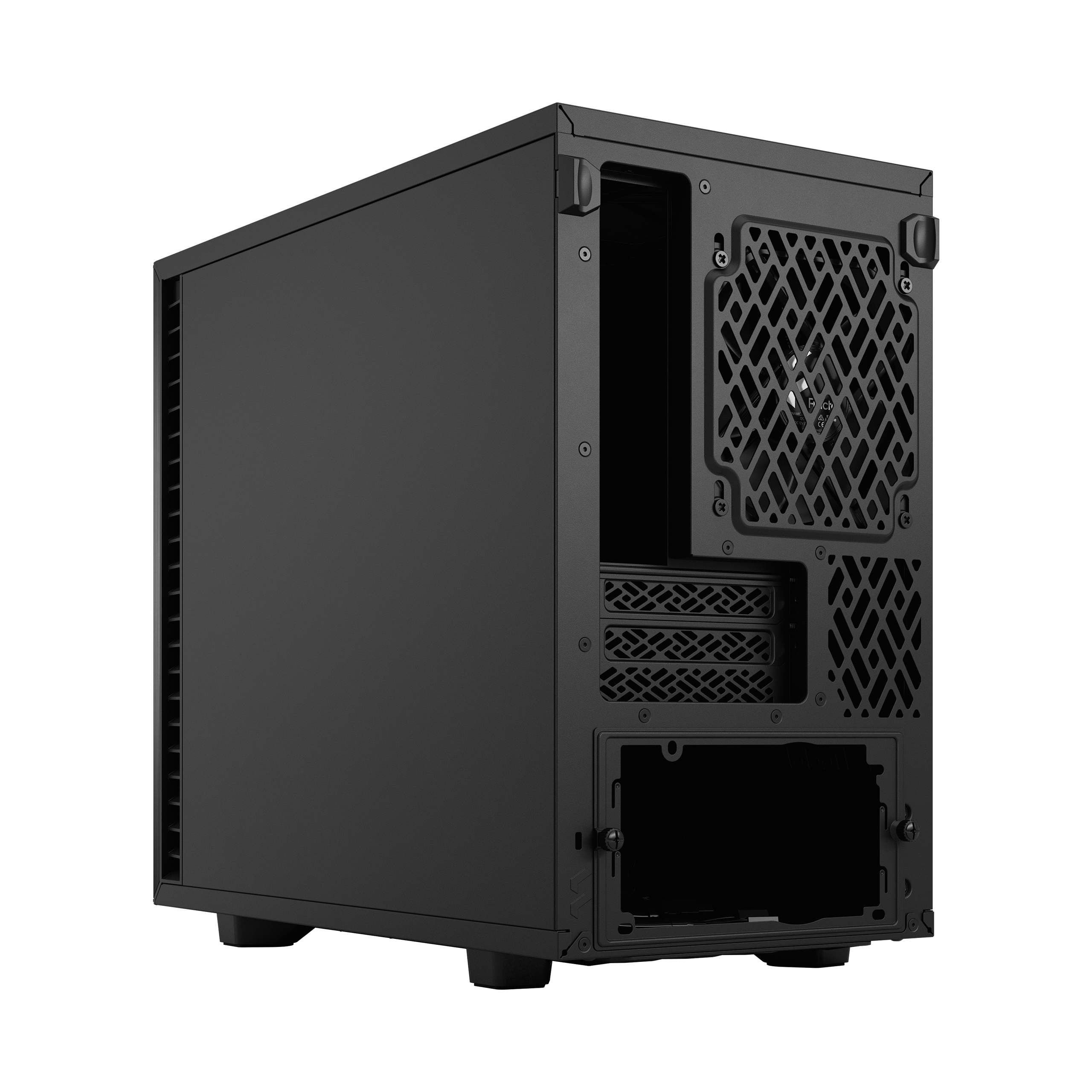 Vista posteriore del case nero del computer con ventilazione e porte.