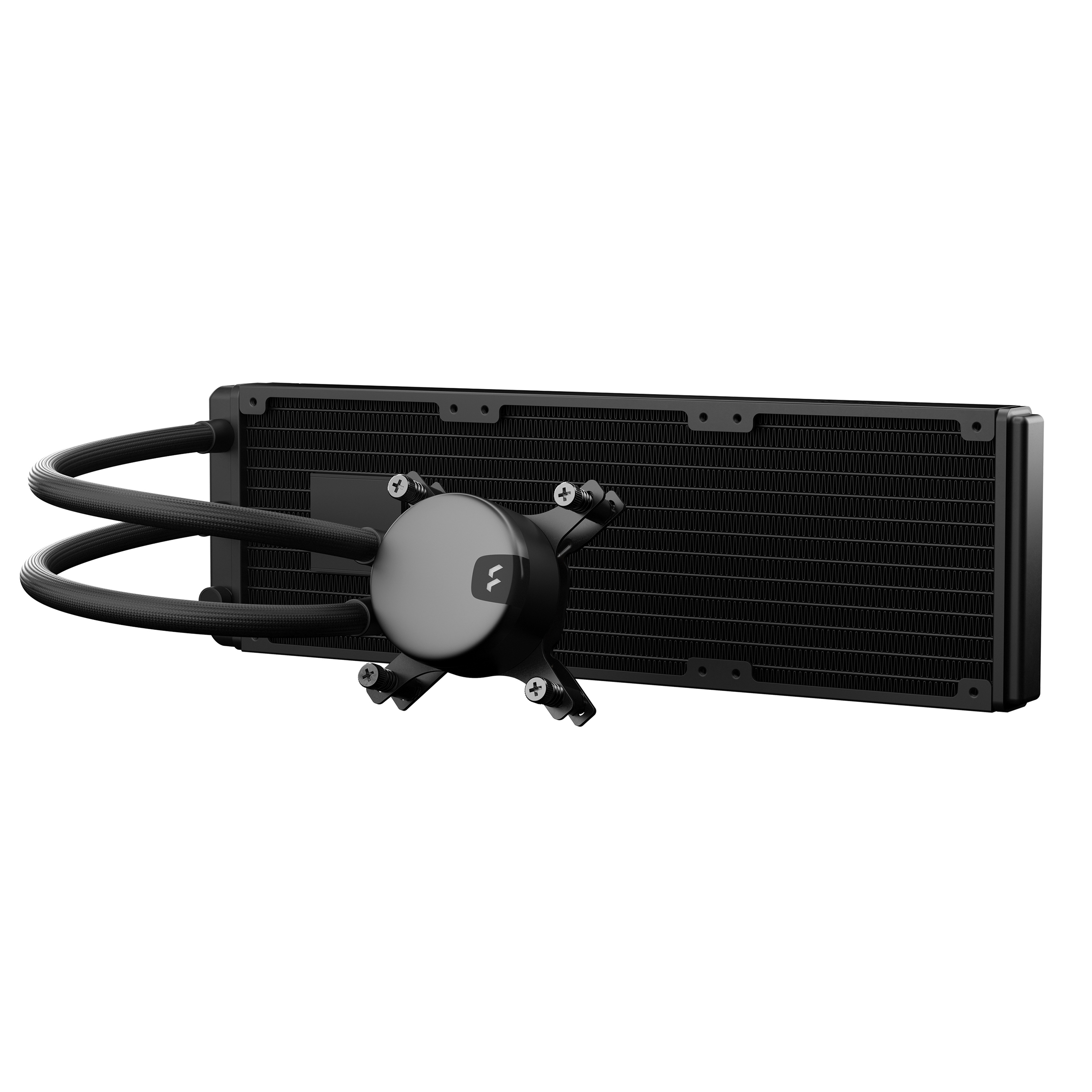 Zwarte pc-waterkoeler met radiator en buizen, op witte achtergrond, voor computerkoeling.