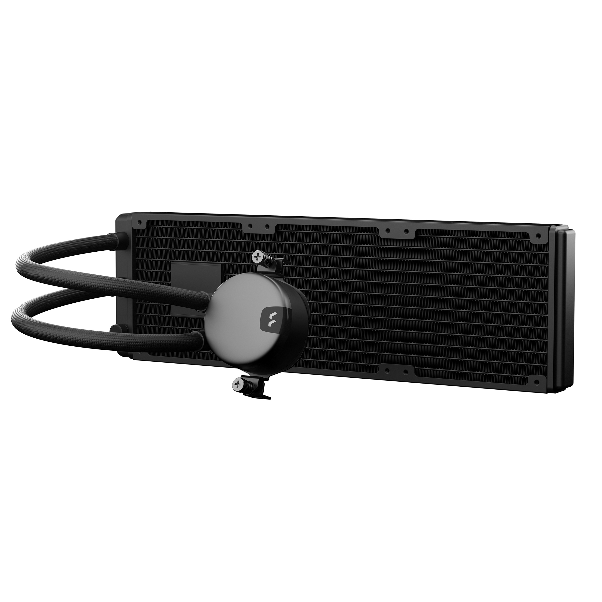 Een zwart computerwaterkoelsysteem met buizen en een cirkelvormige component. Het staat op een witte achtergrond.