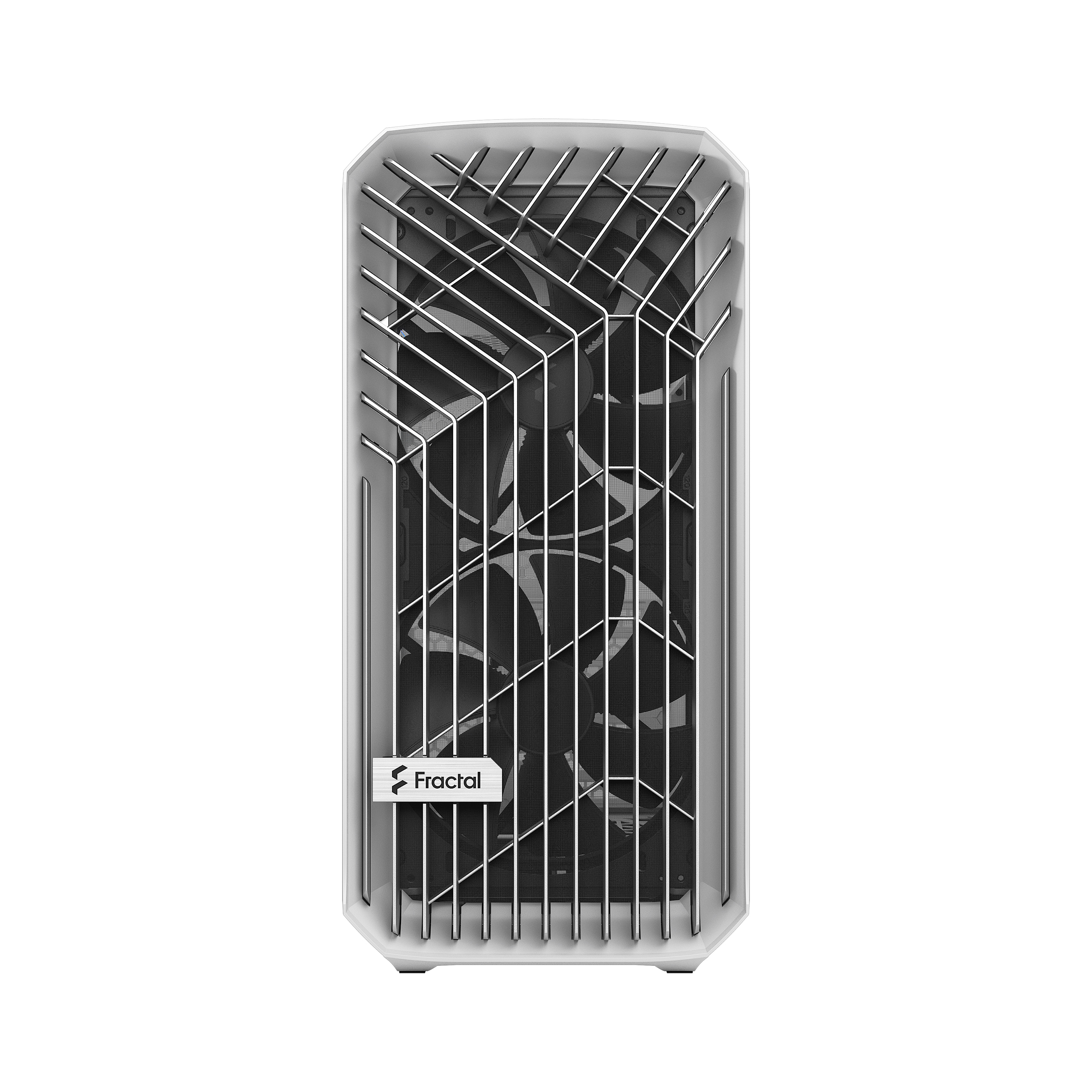 Pannello frontale di un case per computer bianco con mesh argentato e logo 'Fractal'.