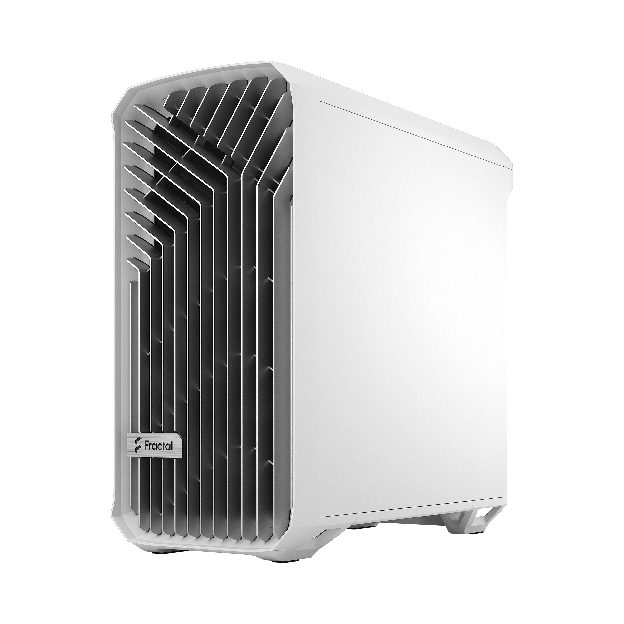 Case per computer bianco, vista angolata, con design frontale verticale.
