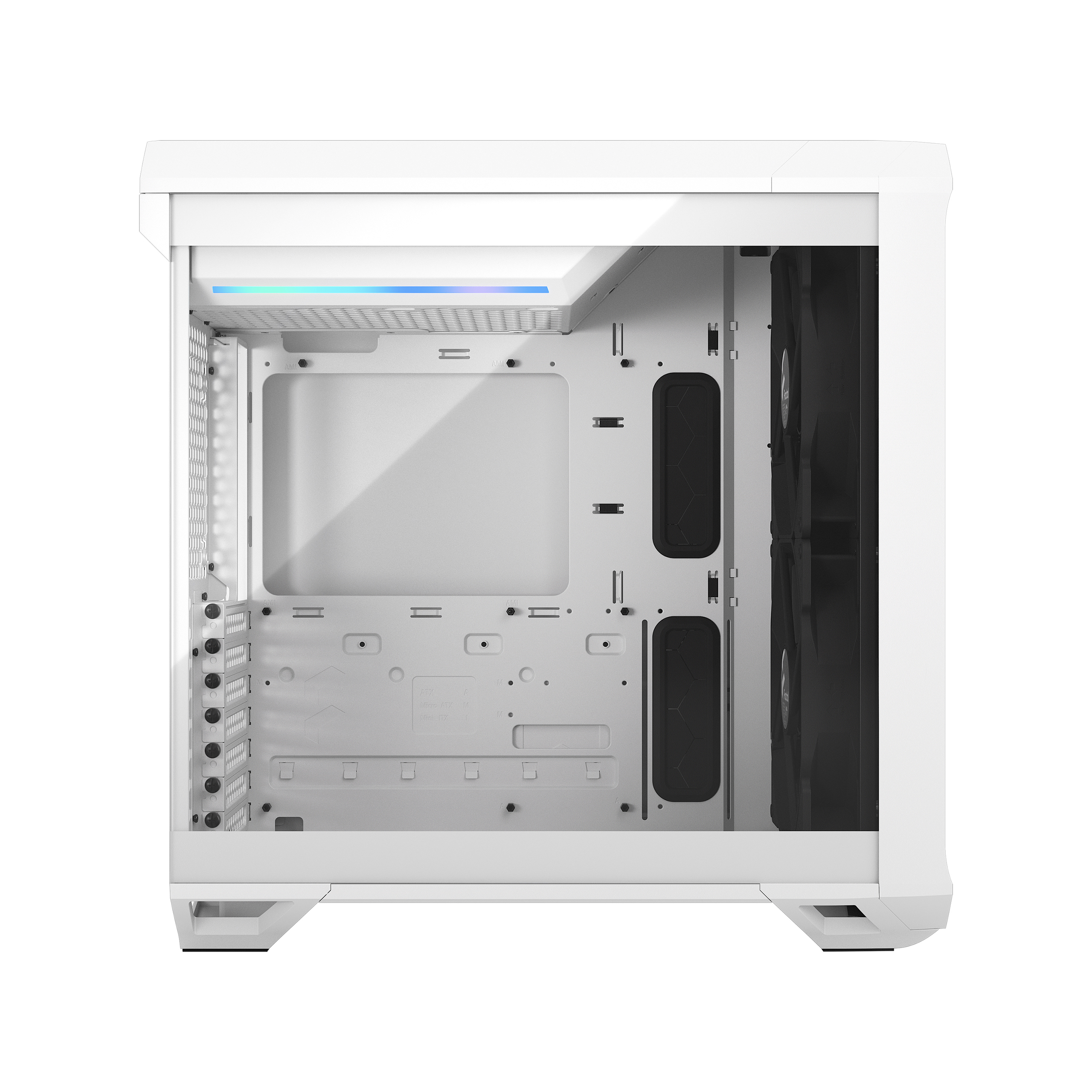 Interno di case per computer bianco con ventole e hardware di montaggio.